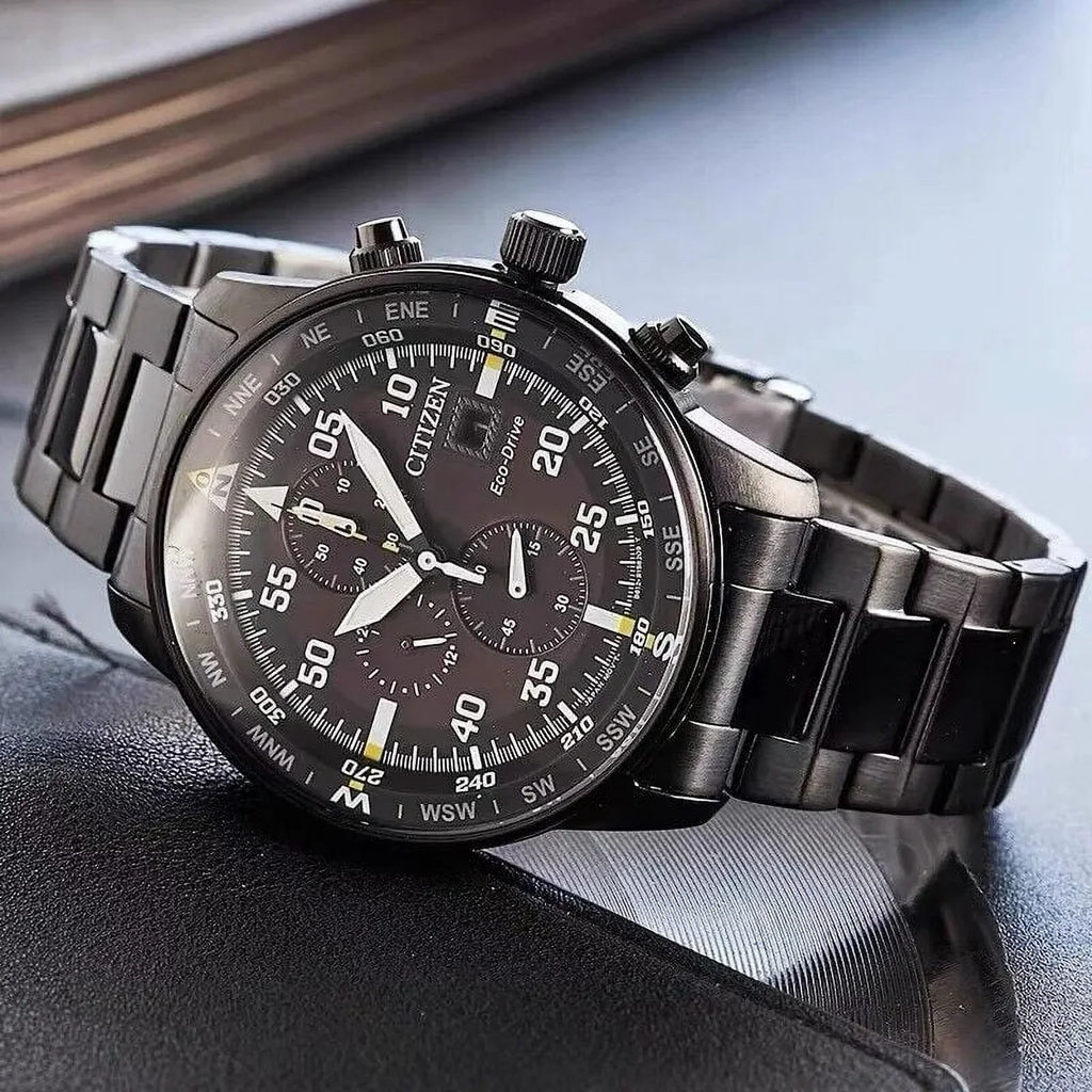 NEW Men's Classic Business Aviator Chronograph Black Dial Eco-Drive Watch