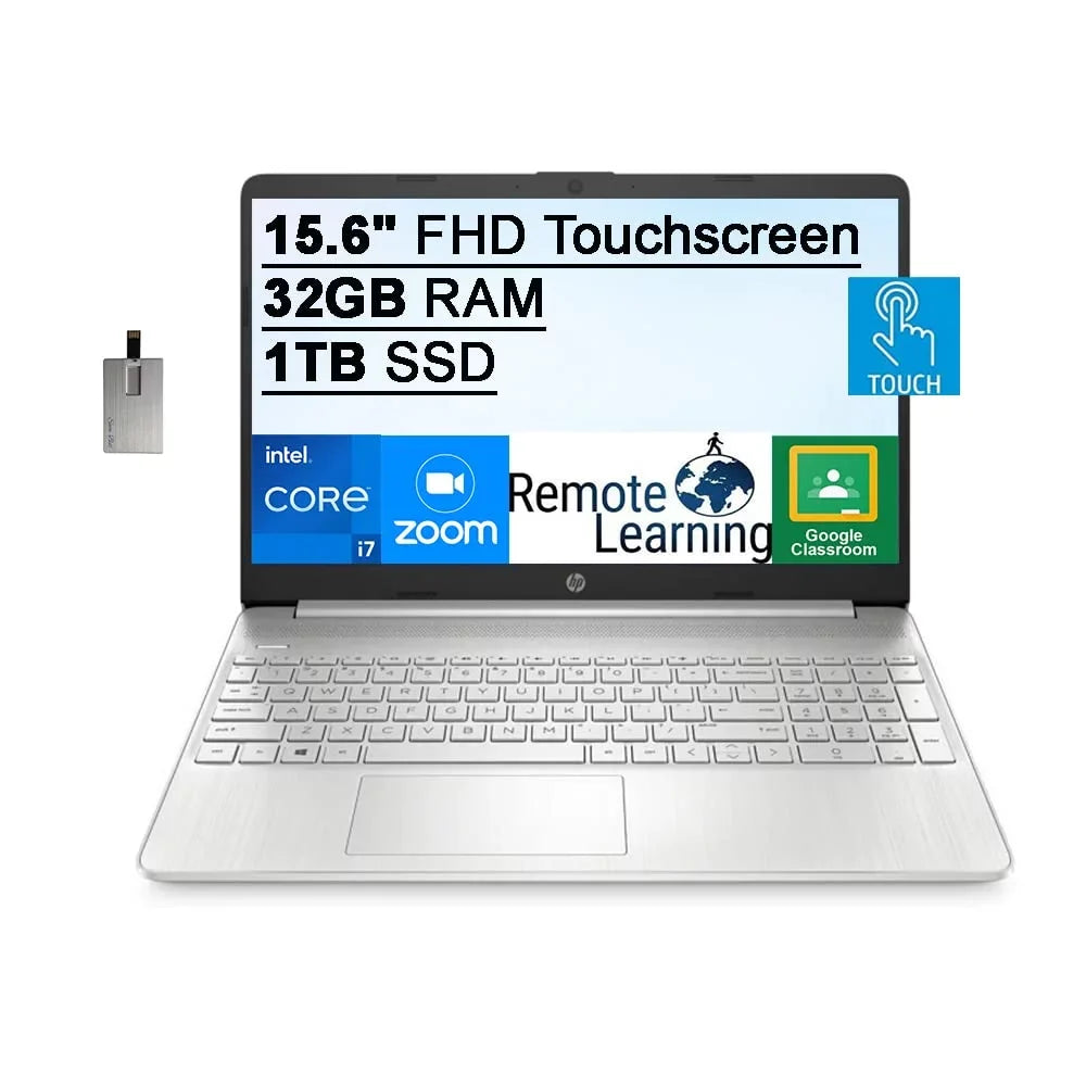 2021 15.6" FHD IPS Touchdisplay Laptop Computer, Intel Core i7-1165G7 (Beats i7-1065g7), 32GB RAM, 1TB SSD, Intel Iris Xe Graphics, HD Webcam, HD Audio, Windows 11 S, Silver, 32GB SnowBell USB Card