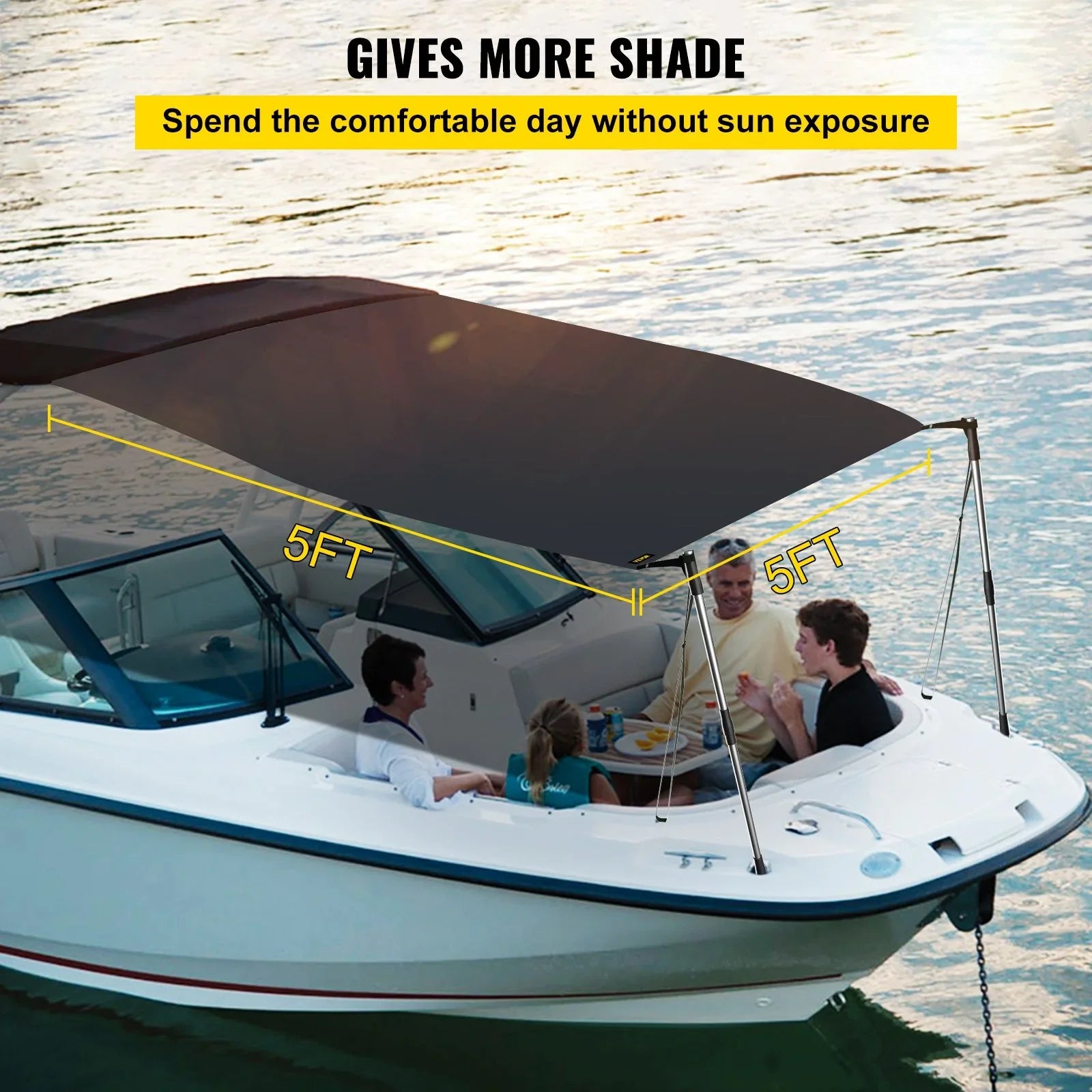 VEVOR 5'x5' UV-Proof T-Top Sun Shade Kit - 600D Polyester with Rustproof Telescopic Steel Poles, Waterproof, Easy Assembly for T-Tops & Bimini Tops