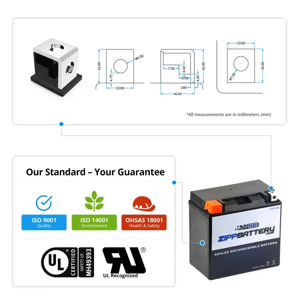Zipp Battery YTX14-BS (14-BS 12 Volt,12 Ah, 200 CCA) Motorcycle Battery for Honda 1100cc Vt1100c, C3, T Shadow (spirit, Aero, A. C. E. Tourer) 2001
