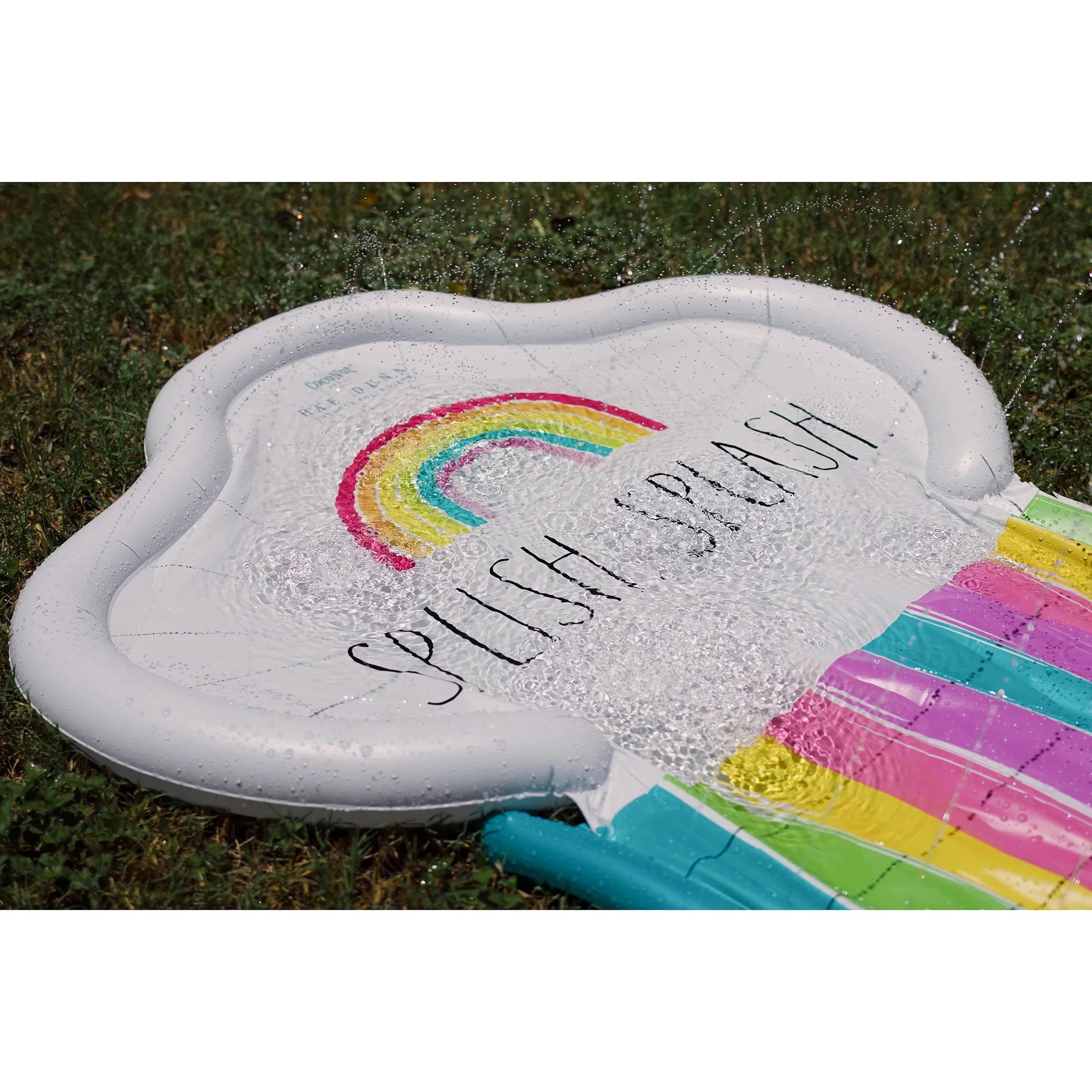 Rae Dunn: Splish Splash Rainbow Slide & Ride -16 Foot Water Slide Sprinkler, CocoNut Float, Durable Sliding Mat, Age 5+