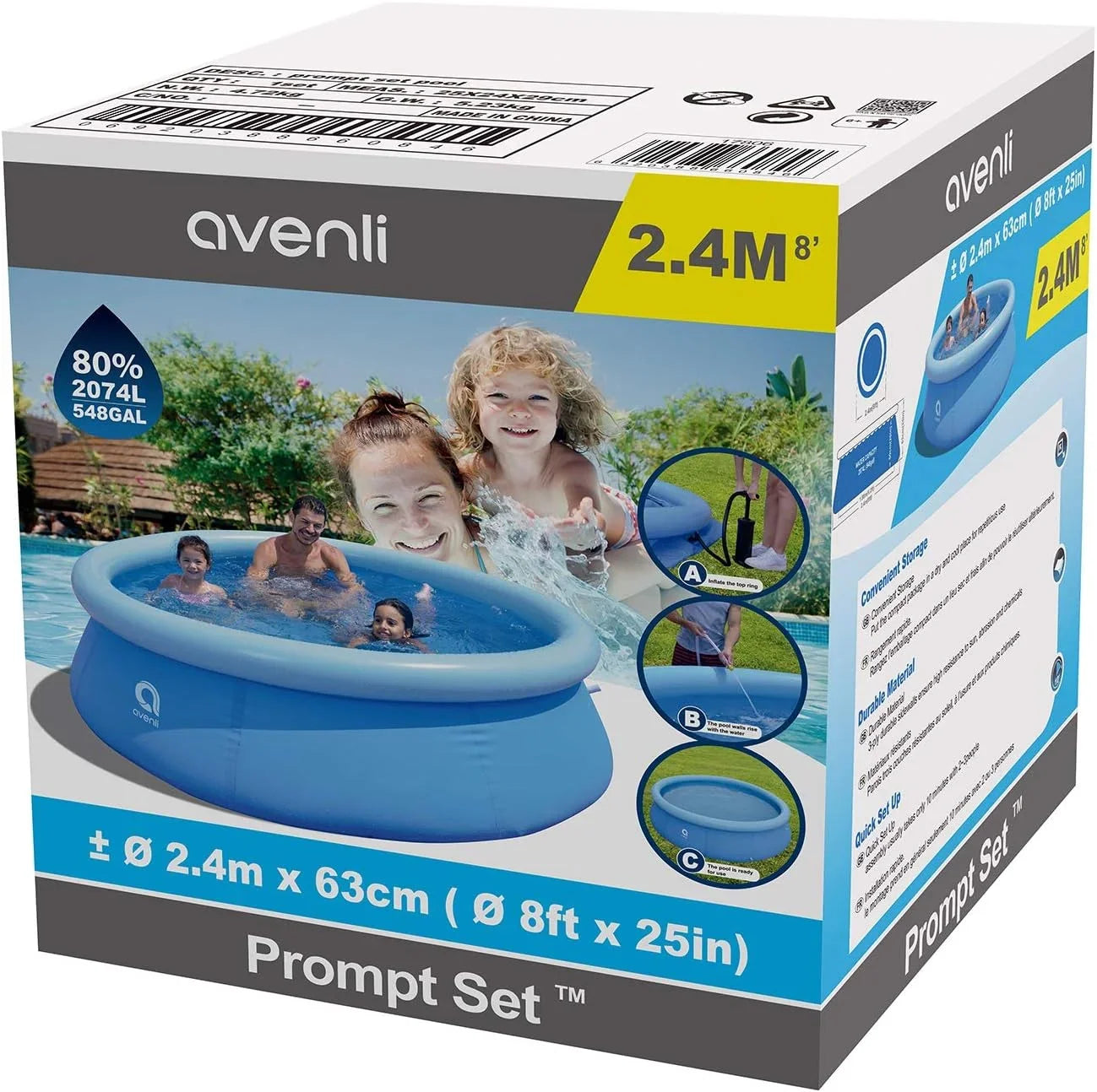 Avenli 8 Foot X 25 Inch 2 To 3 Person Capacity Prompt Set Above Ground InfLatitudeable Outdoor Backyard Swimming Pool, Blue
