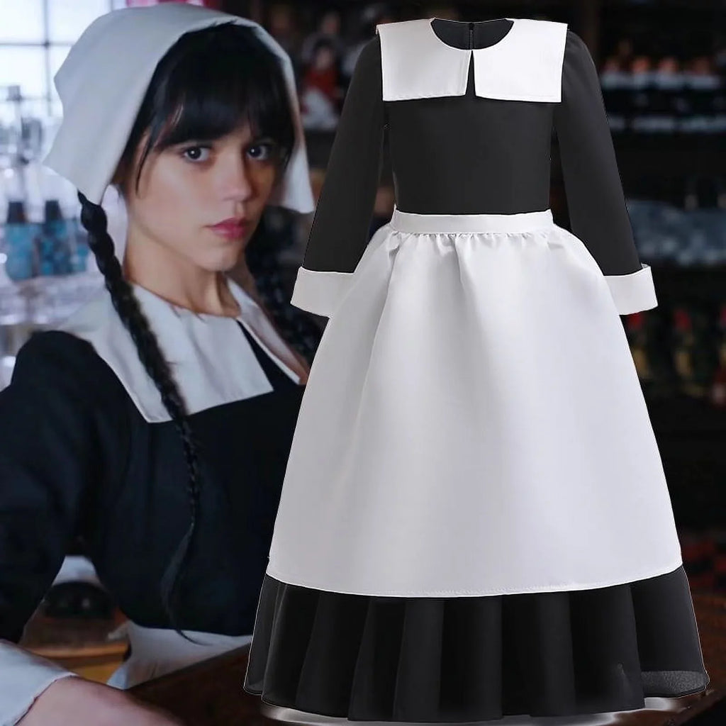 Hkiytime Dress 2022 TV Series Kids Girls Wednesday Addams Dress Long Sleeve Skirt Halloween Cosplay Outfit Clothes with Wig