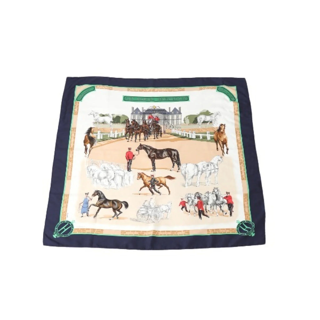 Pre-Owned HERMES LES HARAS NATIONAUX Kare90 Hermes Navy Scarf (Good)