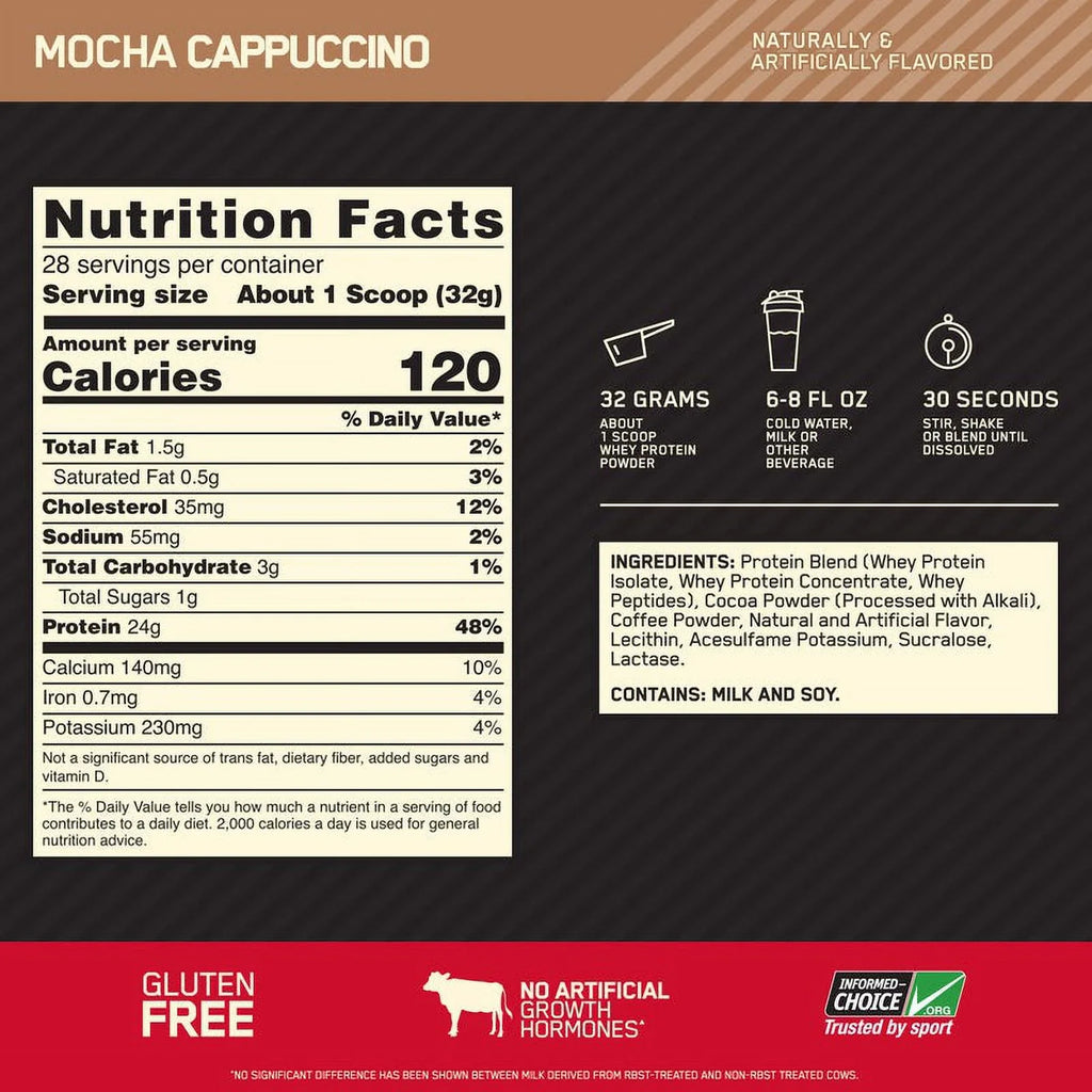 Optimum Nutrition, Gold Standard 100% Whey Protein Powder, Mocha Cappuccino, 2 lb, 28 Servings