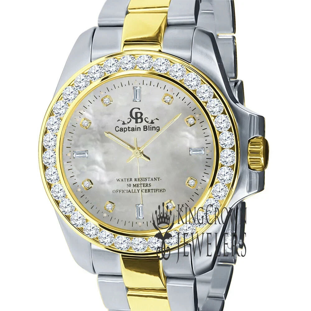 Mother Of Pearl Dial 2 Tone Solid Stainless Steel SimuLatitudeed Diamonds 18K Gold Finish Mens Watch