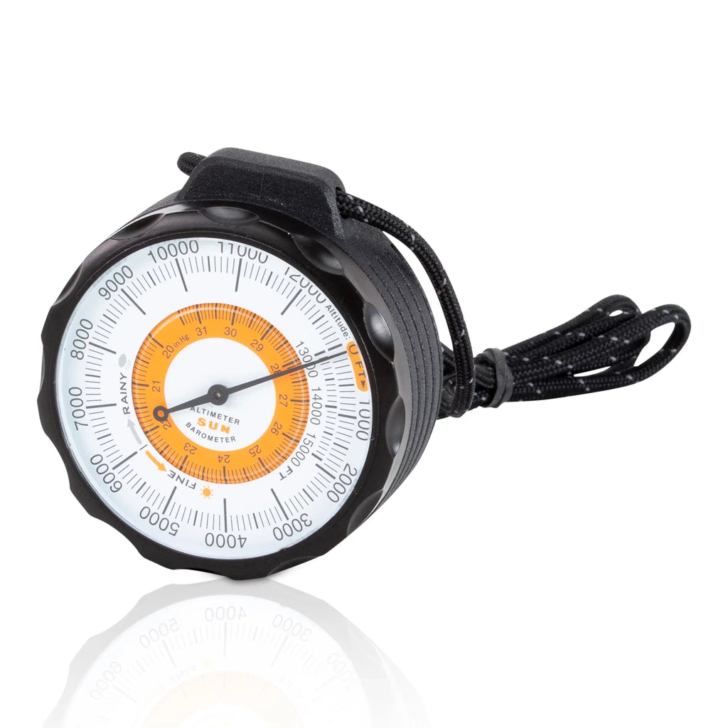 Sun Company Ascent Altimeter - Battery-Free Altimeter and Barometer | Weather-Trend Indicator with Rugged Aluminum Case and Reflective Lanyard | Reads Altitude from 0 to 15,000 Feet