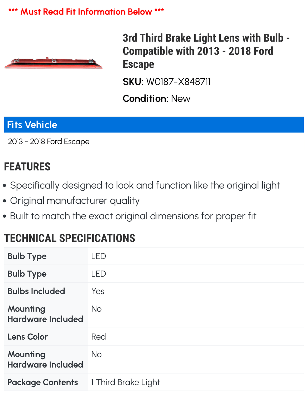 3rd Third Brake Light Lens with Bulb - Compatible with 2013 - 2018 Ford Escape 2014 2015 2016 2017