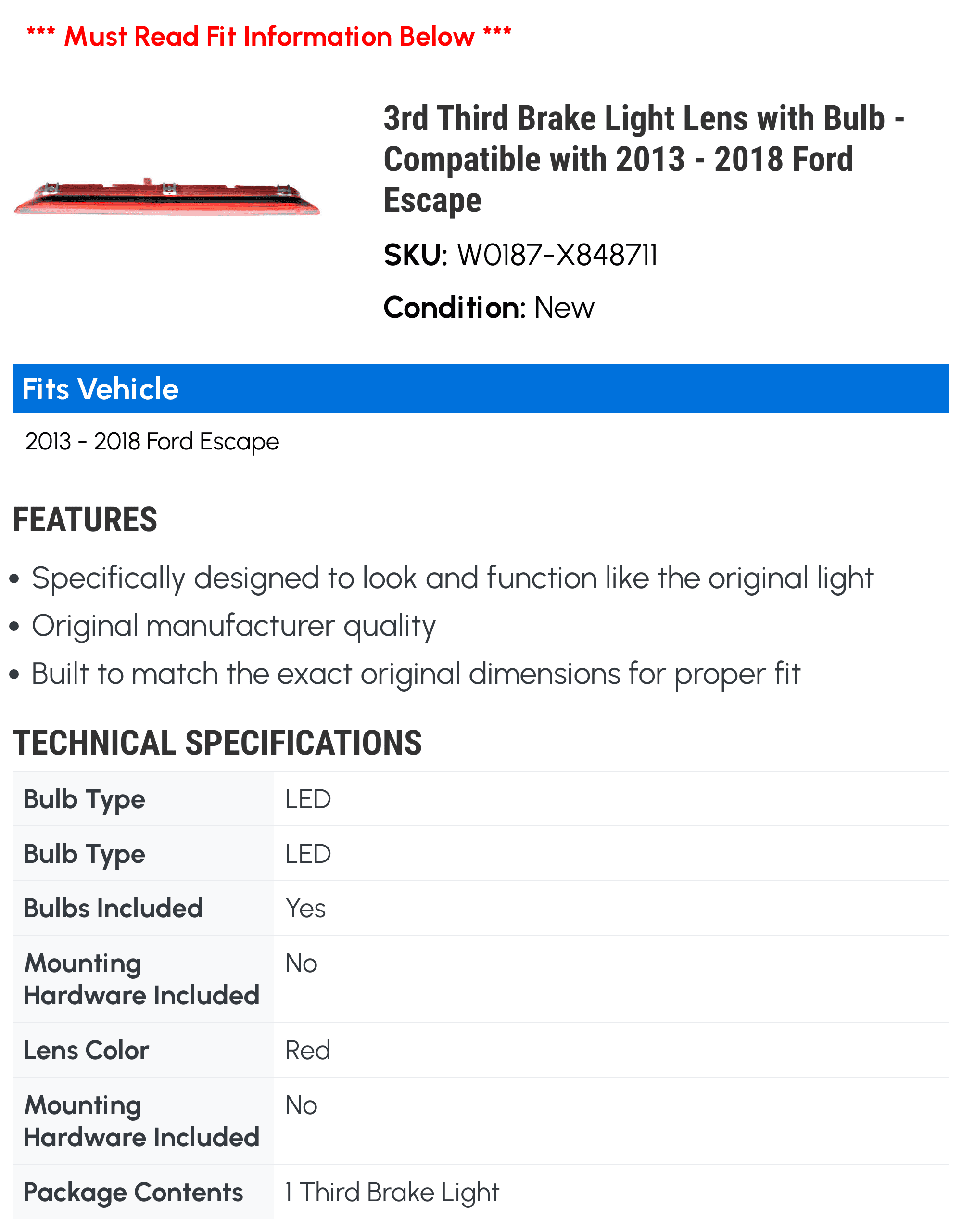 3rd Third Brake Light Lens with Bulb - Compatible with 2013 - 2018 Ford Escape 2014 2015 2016 2017