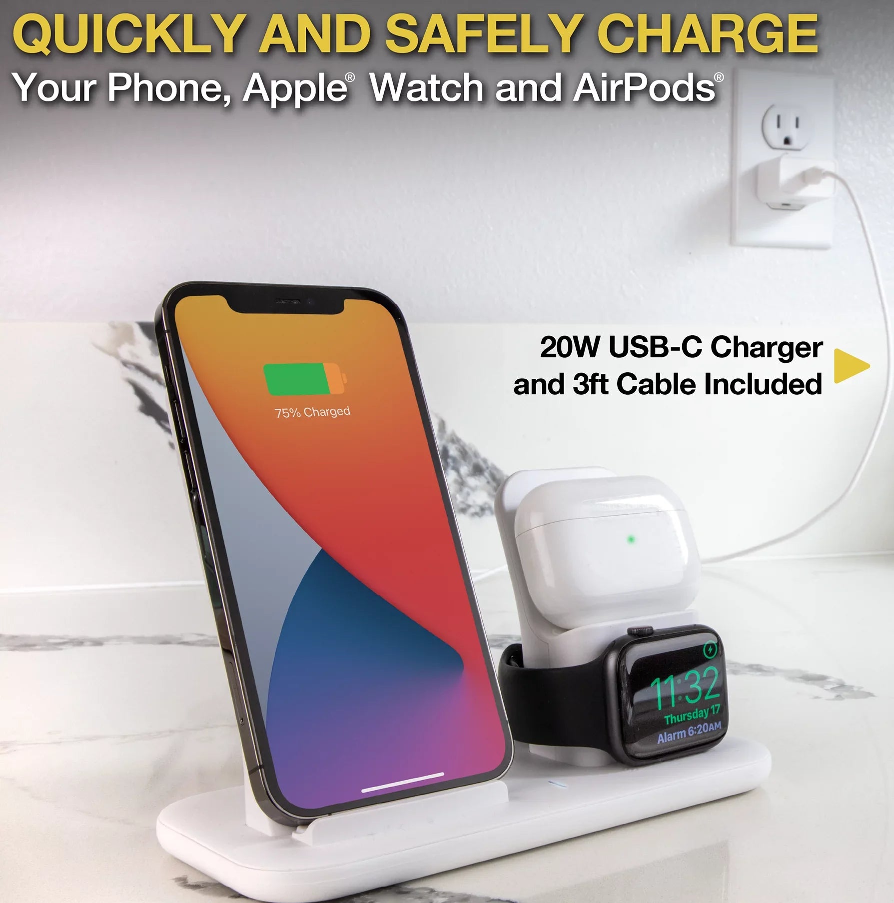Scosche CSQ3N1WT-SP Qi-Enabled Smartphones, Watches and Earbuds, Qi-Certified Wireless Charging Dock, White