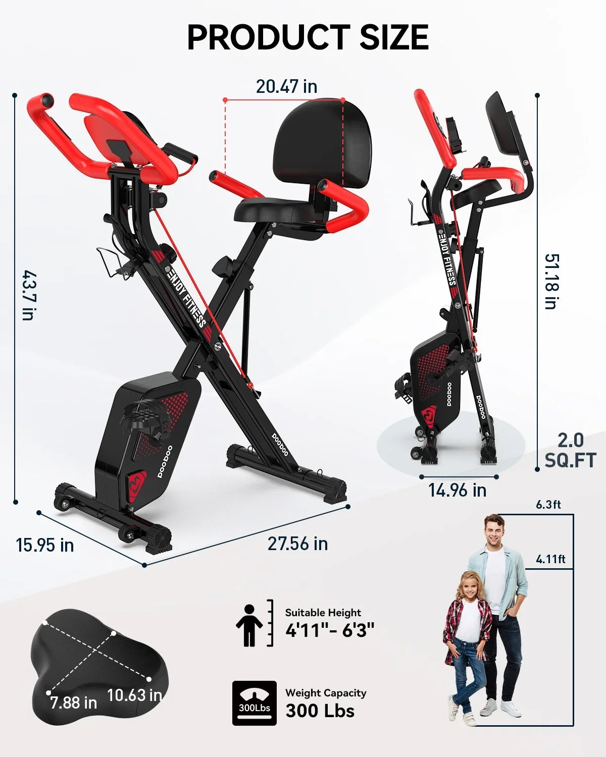 Pooboo 3-in-1 Exercise Bike Quiet Folding Magnetic Stationary Bike Exercise Bikes with Arm Resistance Bands Home Workout Bike 360 lbs
