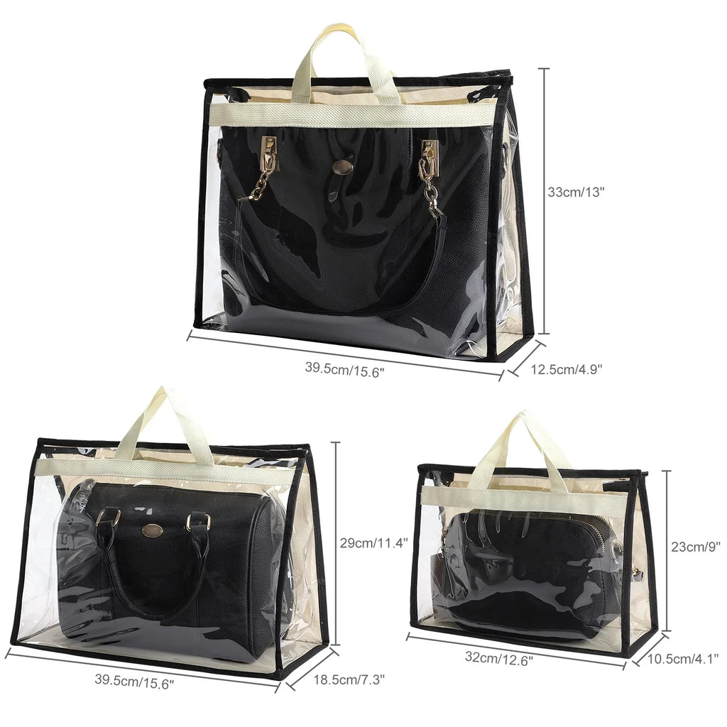 3 Pcs Dust Bags for Handbags, Clear Handbag Storage, Purse Storage Organizer for Closet, Purse Cover Hanging Closet Organizer with Zipper and Handles