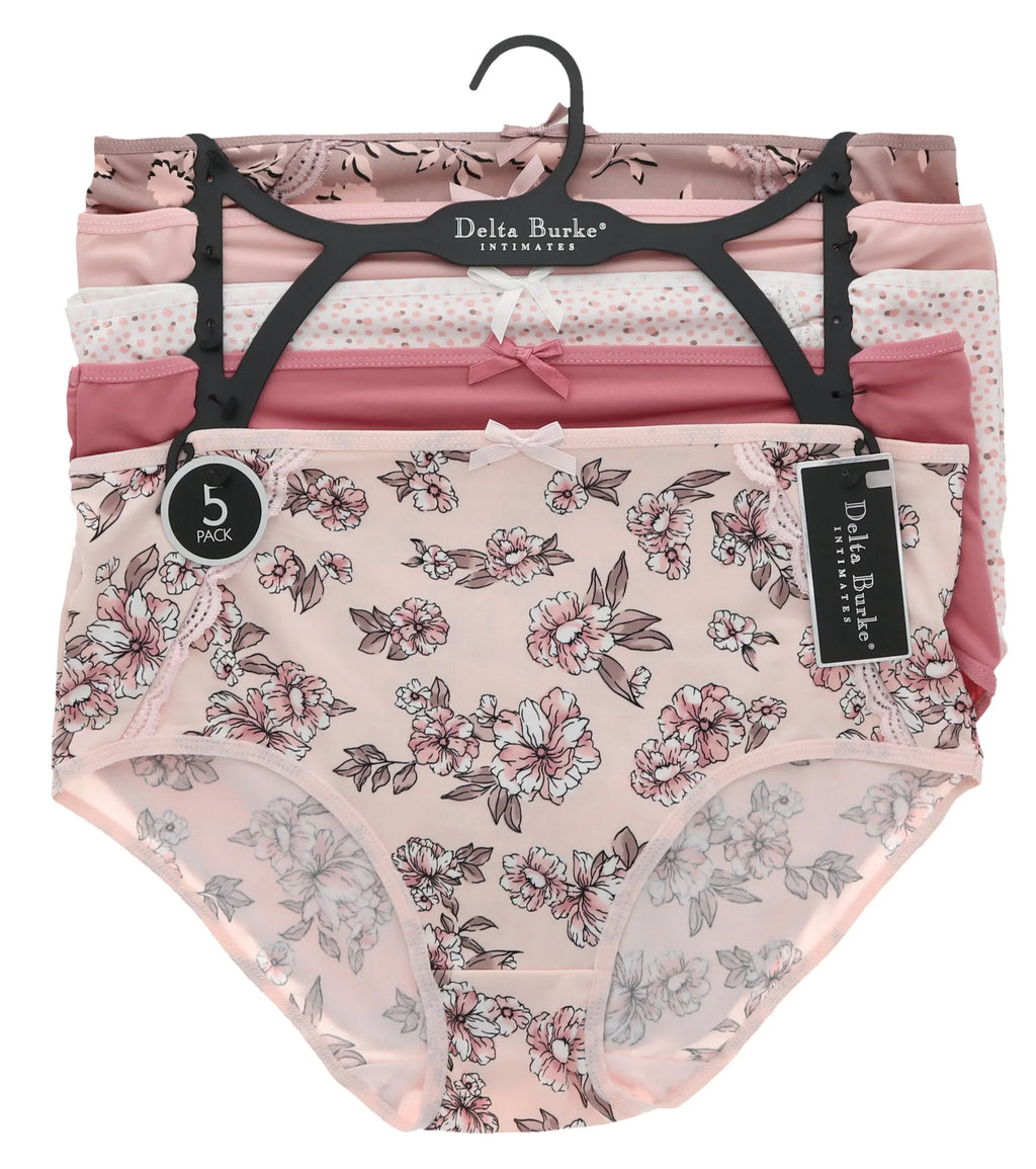 Delta Burke Intimates Women's Plus Size Sexy Classic High Rise Brief Panties (5Pr) (X-Large, Pink Floral Dots)