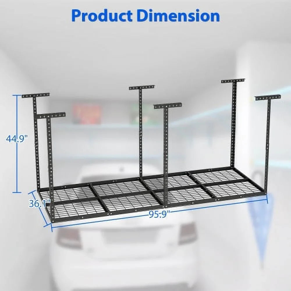 3x8ft Overhead Garage Storage Rack,Adjustable Garage Storage Organization Systerm,Heavy Duty Metal Garage Ceiling Storage Racks,660lbs Weight Capacity,Black