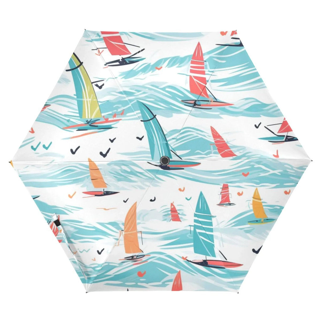 Sailboat on Sea Compact Folding Umbrella for Rain Windproof Travel Umbrella UPF 50+ Lightweight Packable Arc Size