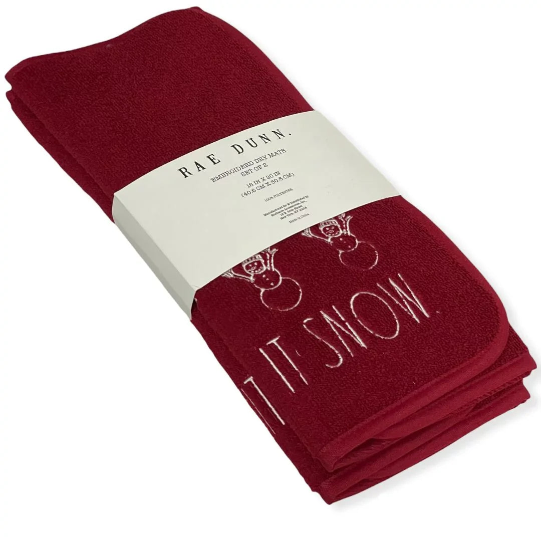 Rae Dunn Red LET IT SNOW Embroidered Dry Mats 16" x 20" - Set of 2