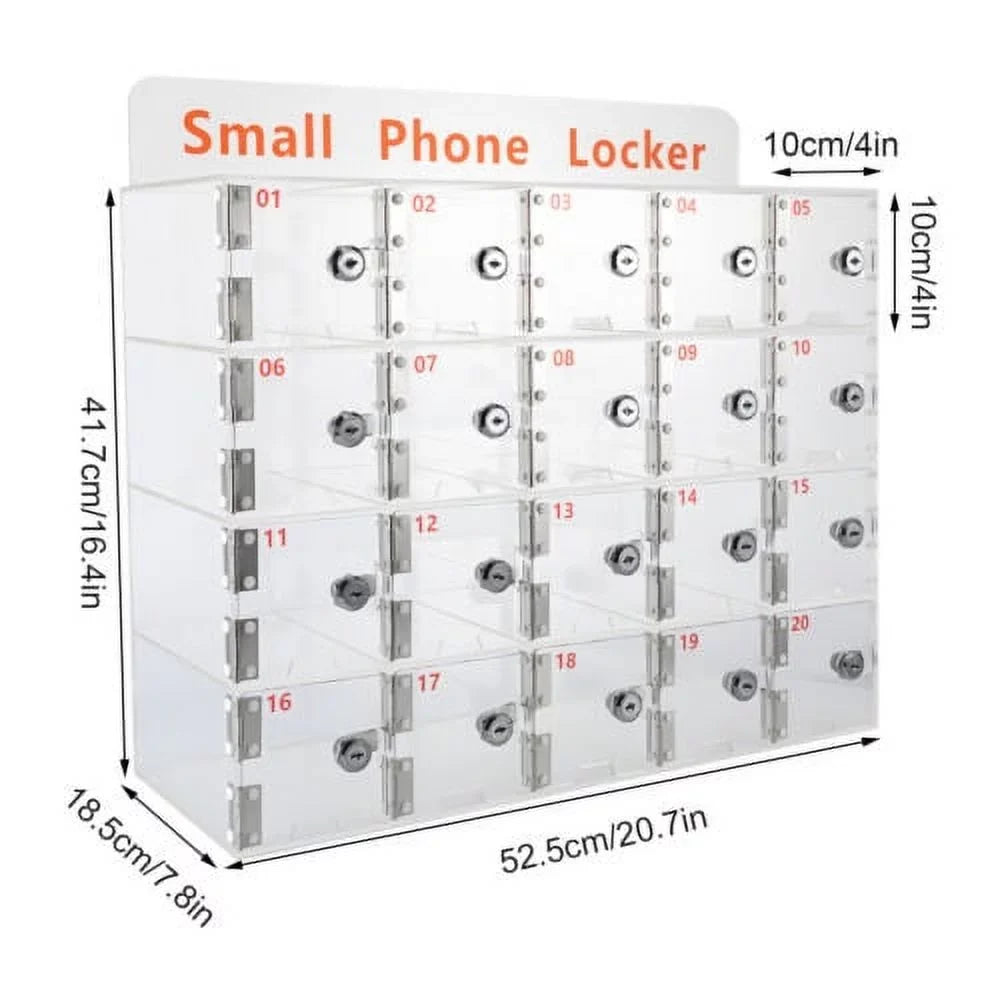 20 Slots Thickened Acrylic Cellphone Locker Clear Cell Phone Storage Box w/ Keys