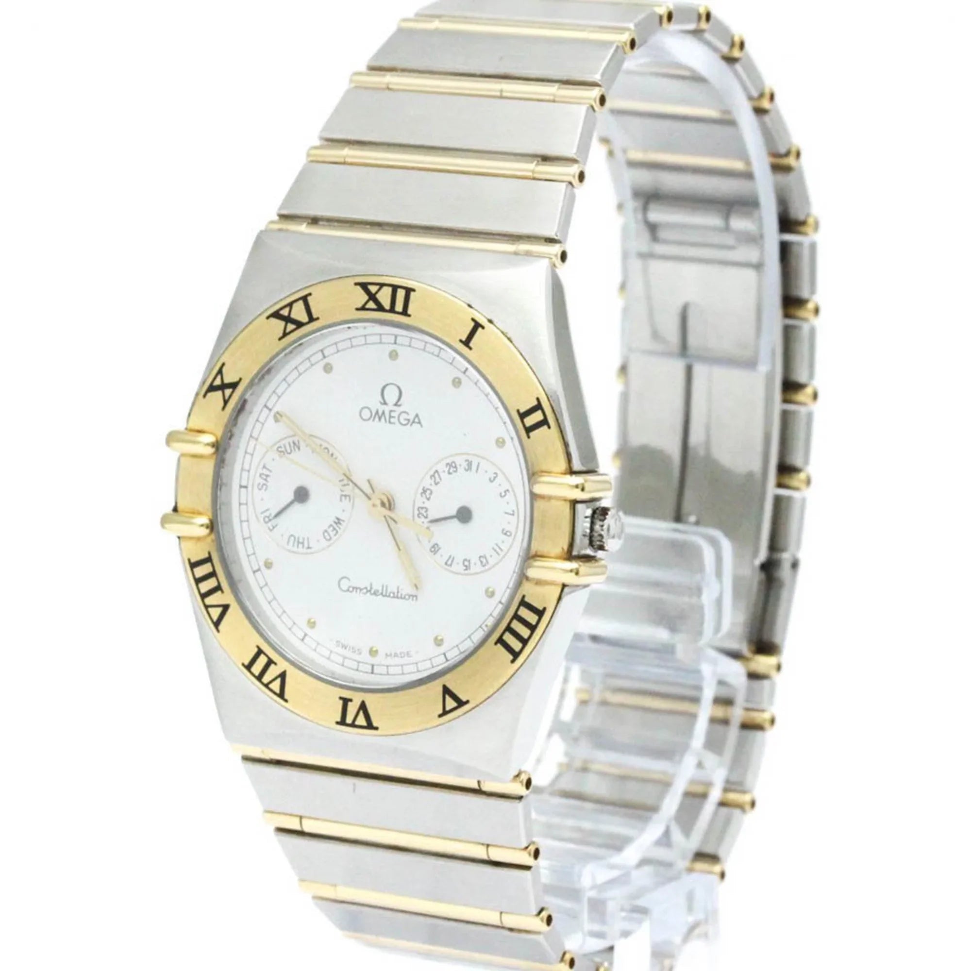 Pre-Owned Polished OMEGA ConstelLatitudeion Day Date 18K Gold Steel Watch 396.1070 BF566004 (Good)