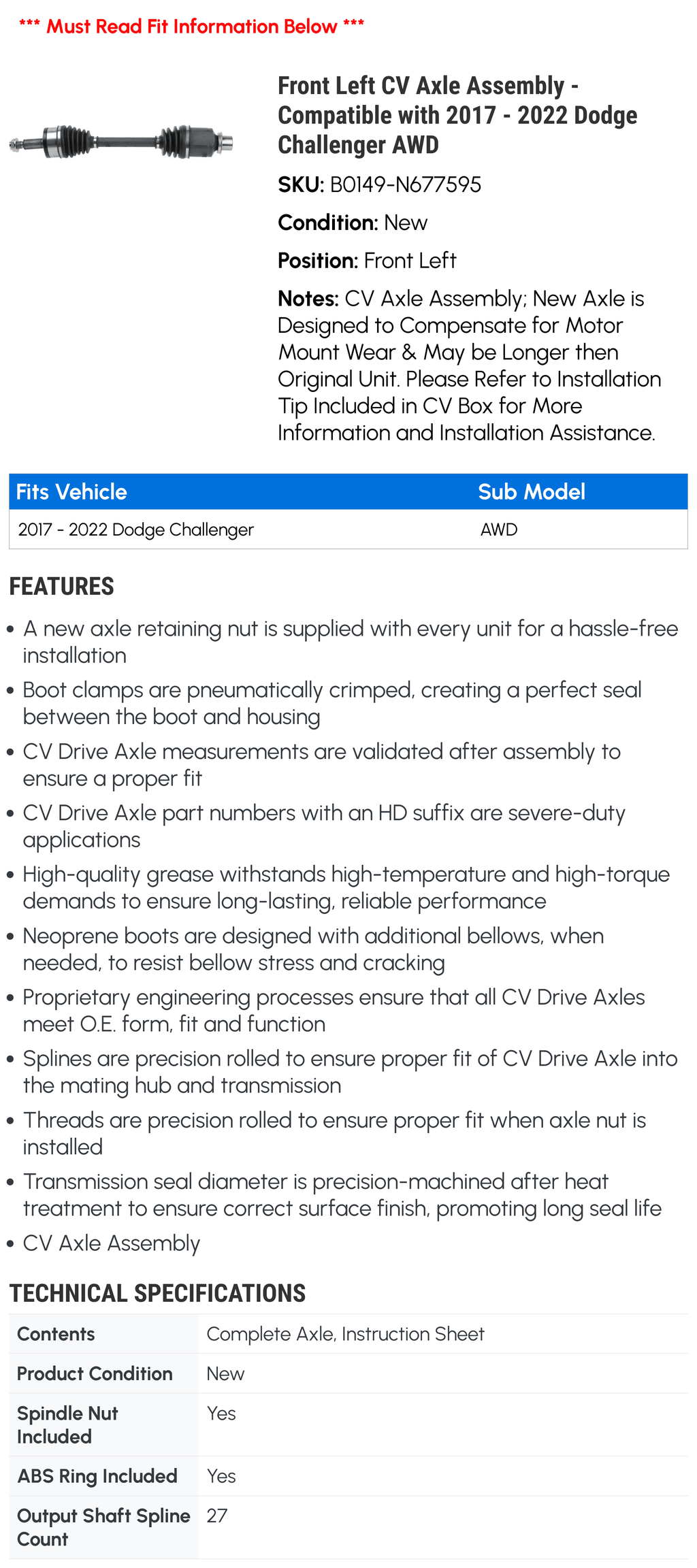 Front Left CV Axle Assembly - Compatible with 2017 - 2022 Dodge Challenger AWD 2018 2019 2020 2021
