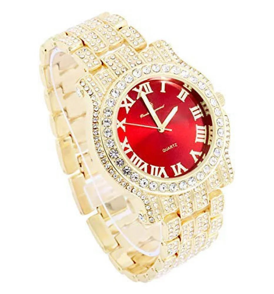 Bling-ed Out Gold Round Luxury Mens Watch w/Bling-ed Out ZZ Link Design Bracelet - L0504RNB ZZ Gold Blood Red