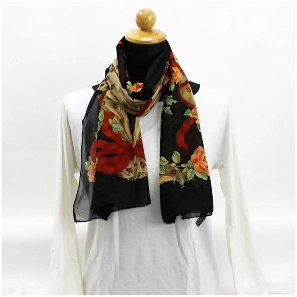 Pre-Owned Salvatore Ferragamo rectangle silk scarf muffler stole black SALVATORE FERRAGAMO ladies paper ribbon pattern (Like New)