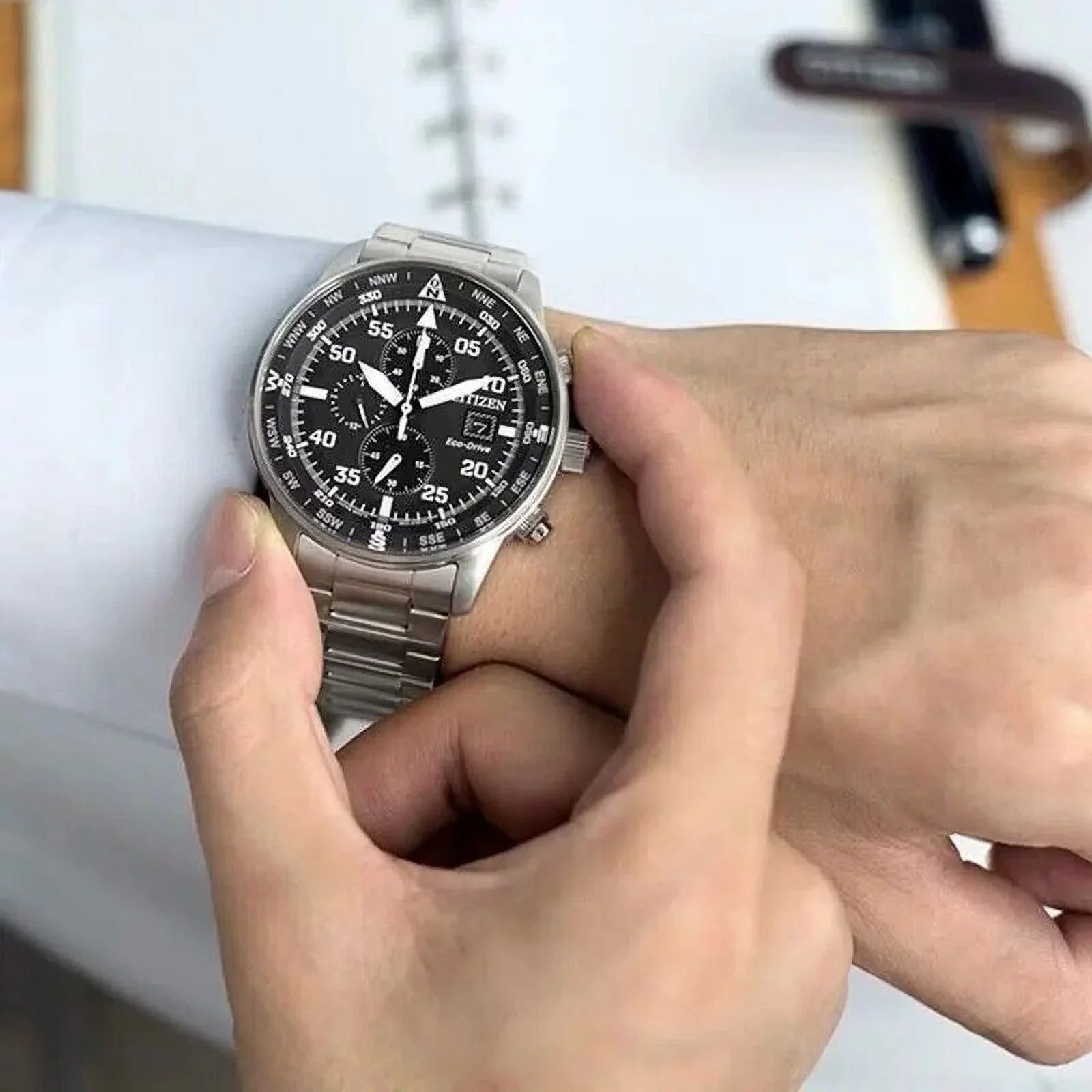 NEW Men's Classic Business Aviator Chronograph Black Dial Eco-Drive Watch