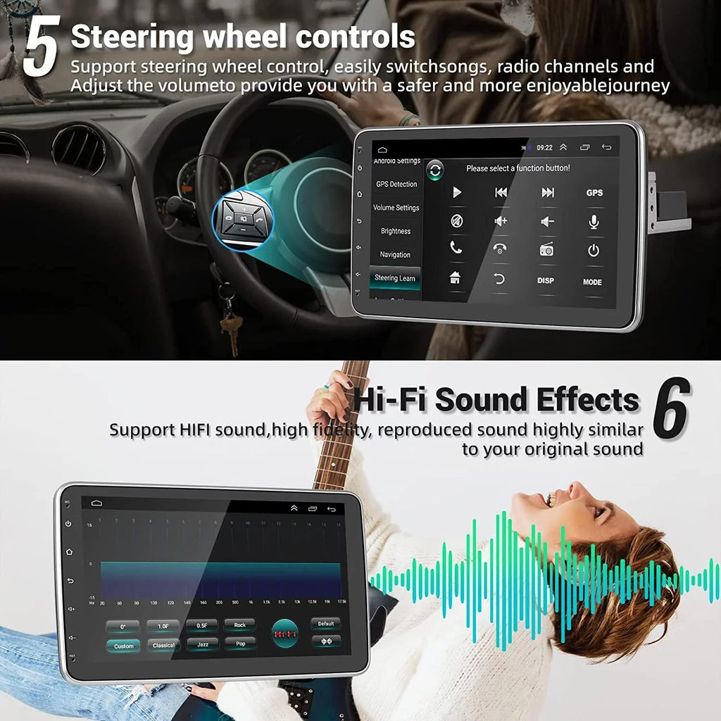 Podofo 1+16G Wireless Carplay Android Auto Single 1 Din 10.1'' Car Stereo Radio 180°Rotatable Vertical Screen Android 13 HD 1080P WIFI GPS FM Bluetooth, AHD Camera New