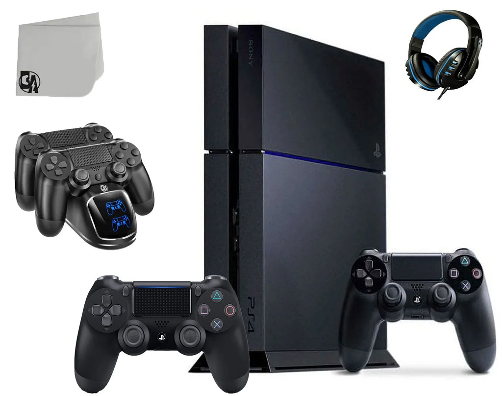PlayStation 4 500GB Gaming Console Black with Charging Dock Headset 2 Controller Bolt Axtion Like New