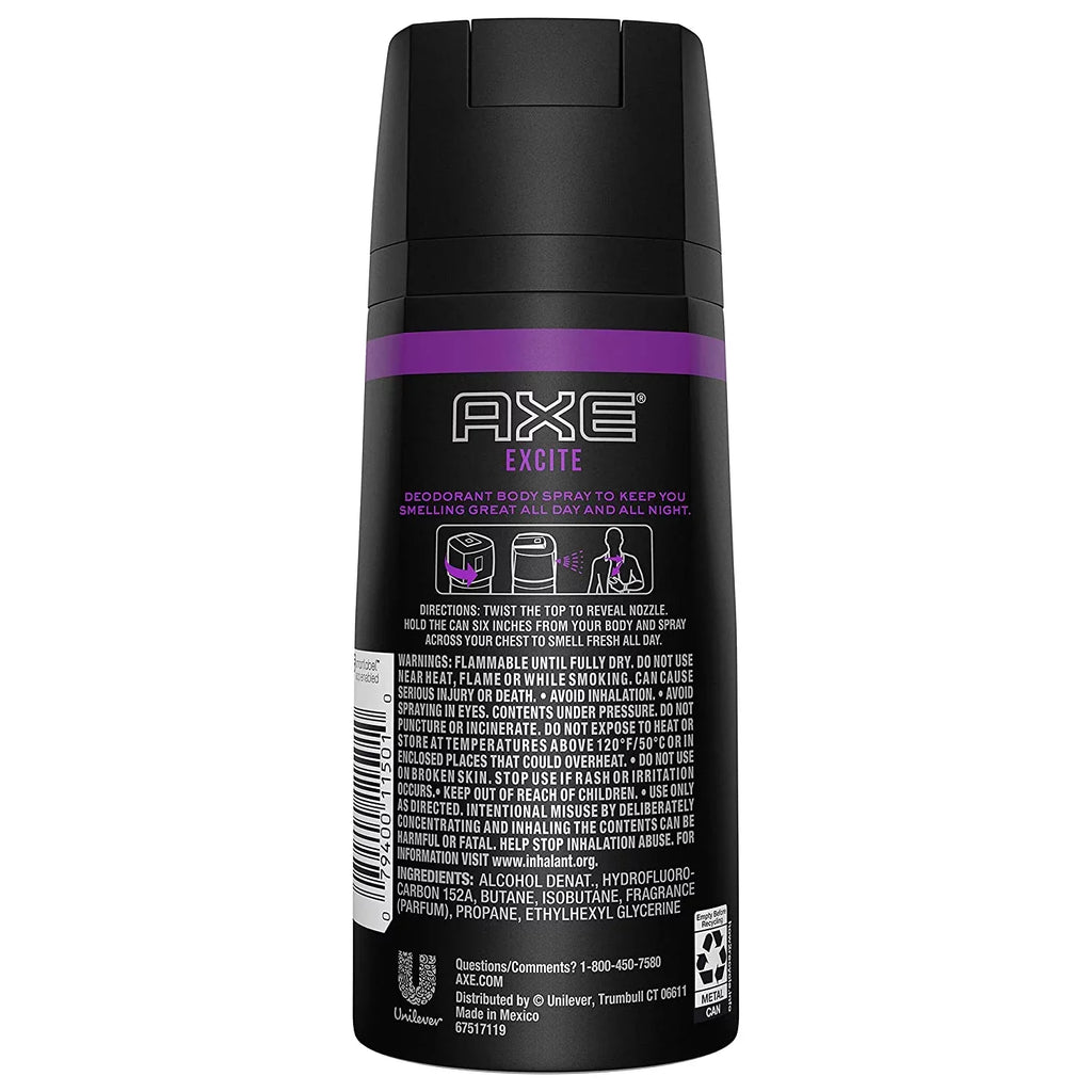Axe Deodorant Bodyspray, Excite 4 oz (Pack of 6)