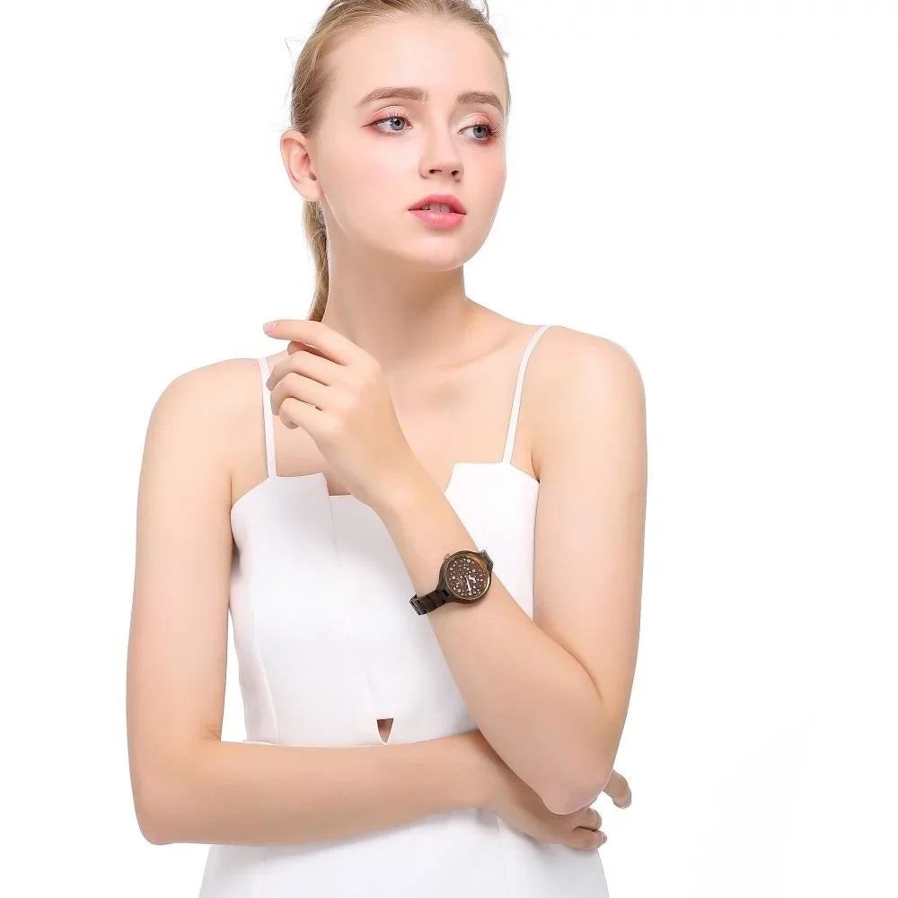 Womens Brown Salwood Watch with Crystals, Gold Bezel, Business Casual, Swiss Ronda Movement, 1ATM Water Resistant MTJW13040