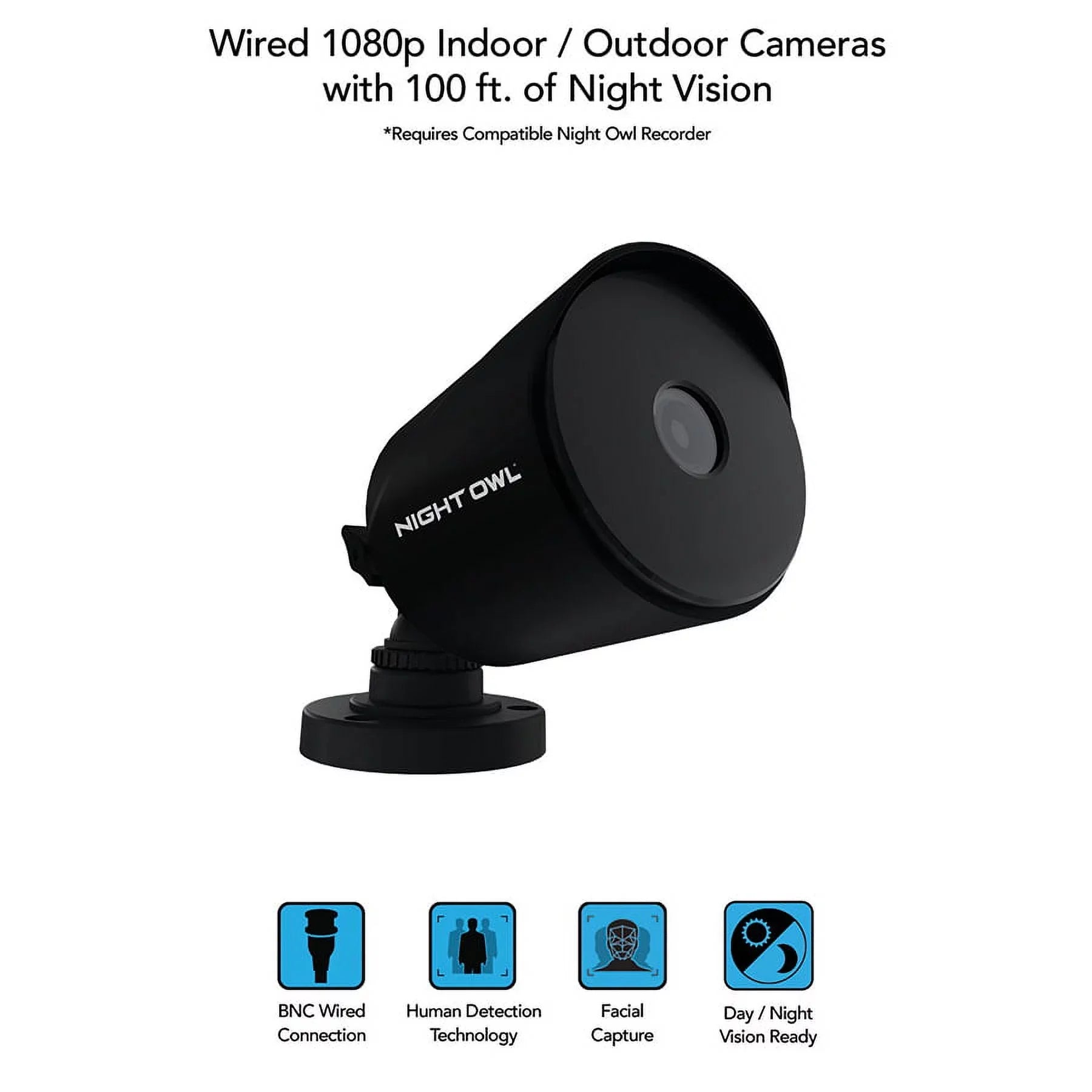Night Owl Wired 1080p HD Surveillance Bullet Cameras, Indoor Outdoor, Night Vision, Black, 2-Pack, Add to a Compatible Night Owl Recorder