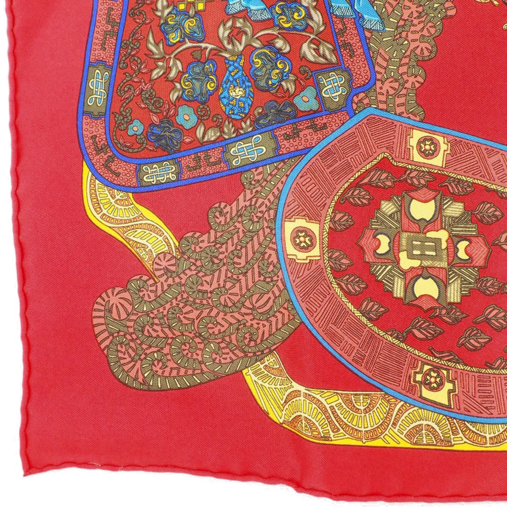 Pre-Owned Hermes Carré 45 ART des STEPPS Step Art Silk Red Women's Scarf (Like New)