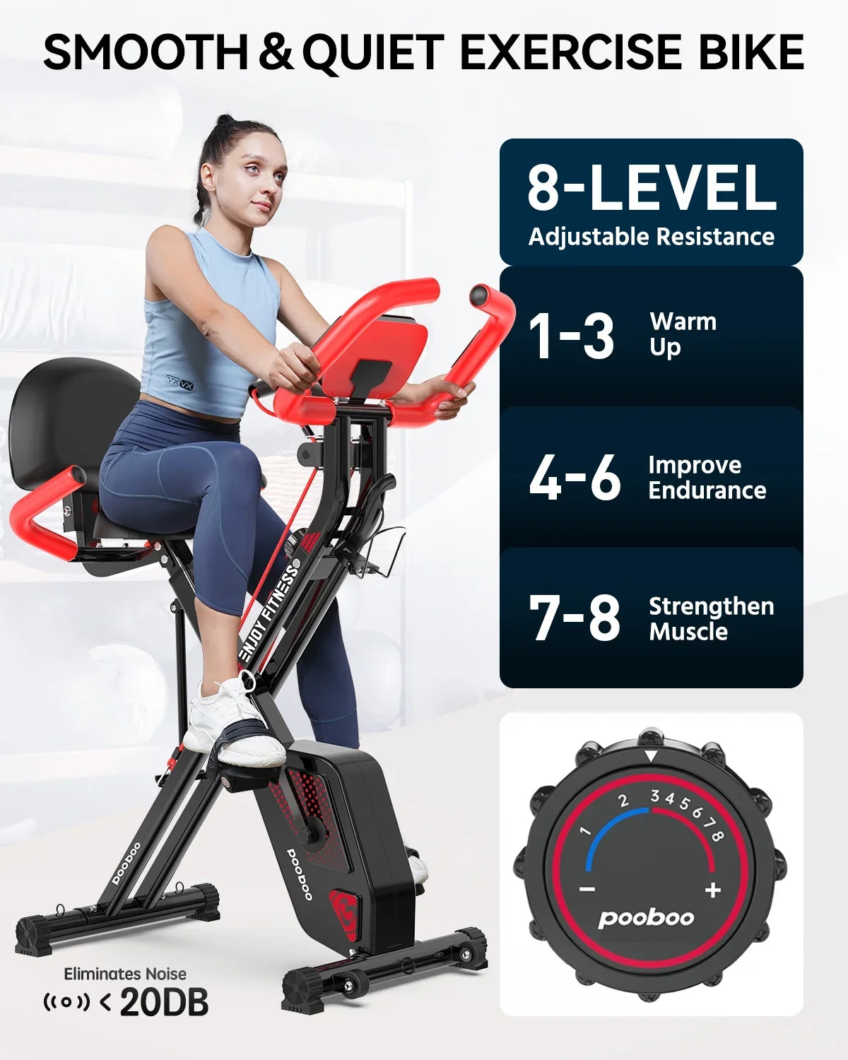 Pooboo 3-in-1 Exercise Bike Quiet Folding Magnetic Stationary Bike Exercise Bikes with Arm Resistance Bands Home Workout Bike 360 lbs