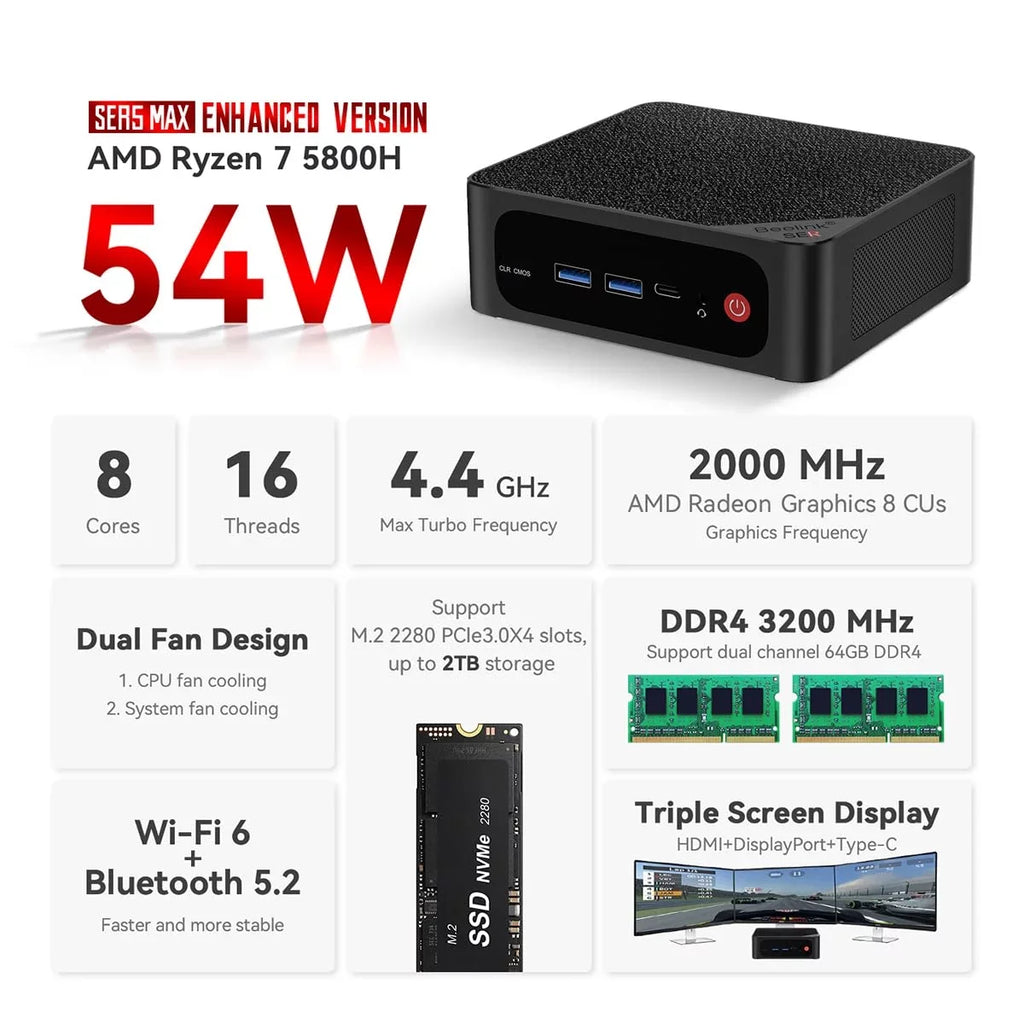 Beelink SER5 MAX Mini PC - AMD Ryzen 7 5800H, 16GB RAM, 500GB NVME SSD, 4K Triple Display, WiFi 6, Bluetooth 5.2