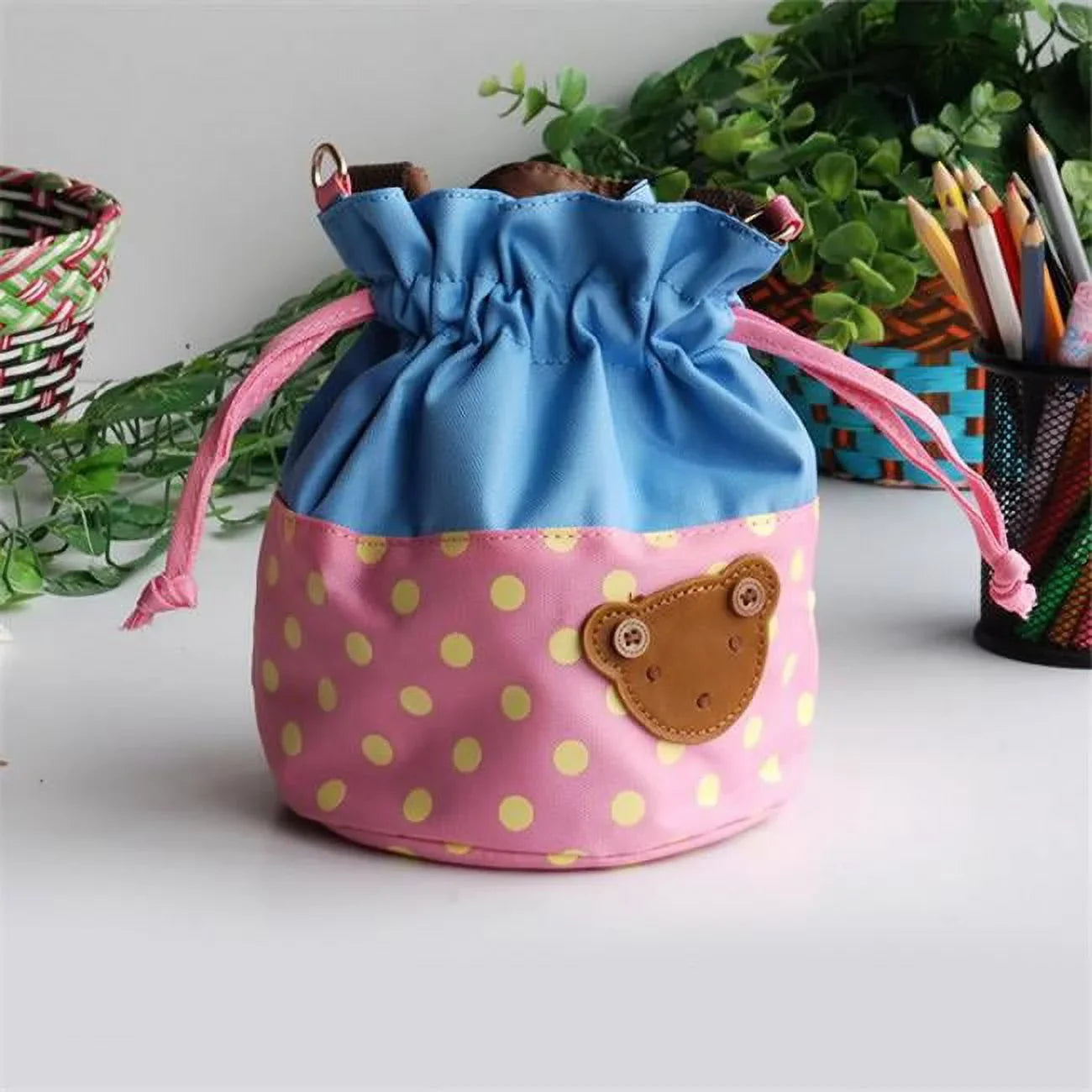 5.7 x 6.3 x 7.8 in. Bear-Pink  Blancho Applique Kids Fabric Art Bucket Bag  Bento Lunch Box & Shopper Bag  Orange