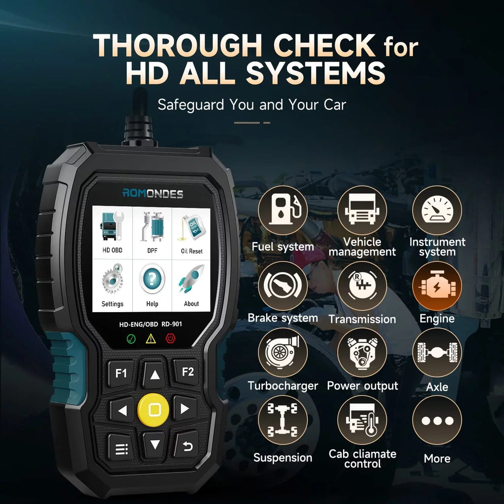 Romondes RD901 Heavy Duty Truck Scanner EOBD OBD2 Scan Tool HD OBD Diesel Scanner All System Diagnostic Tool with DPF Oil Light Reset HD Heavy Duty Truck OBD Car  2 in 1 Code Reader
