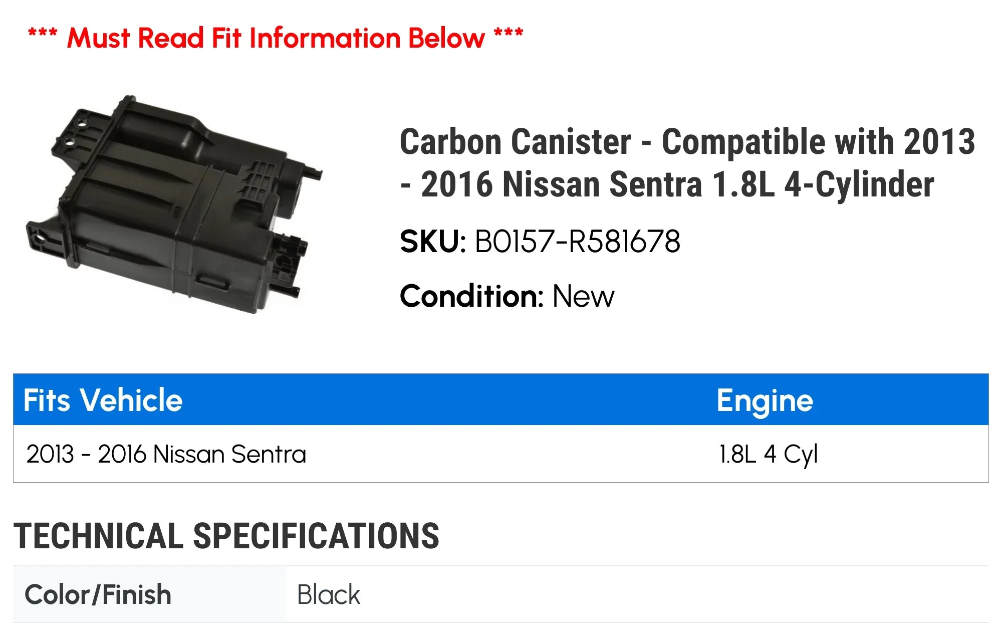 Carbon Canister - Compatible with 2013 - 2016 Nissan Sentra 1.8L 4-Cylinder 2014 2015