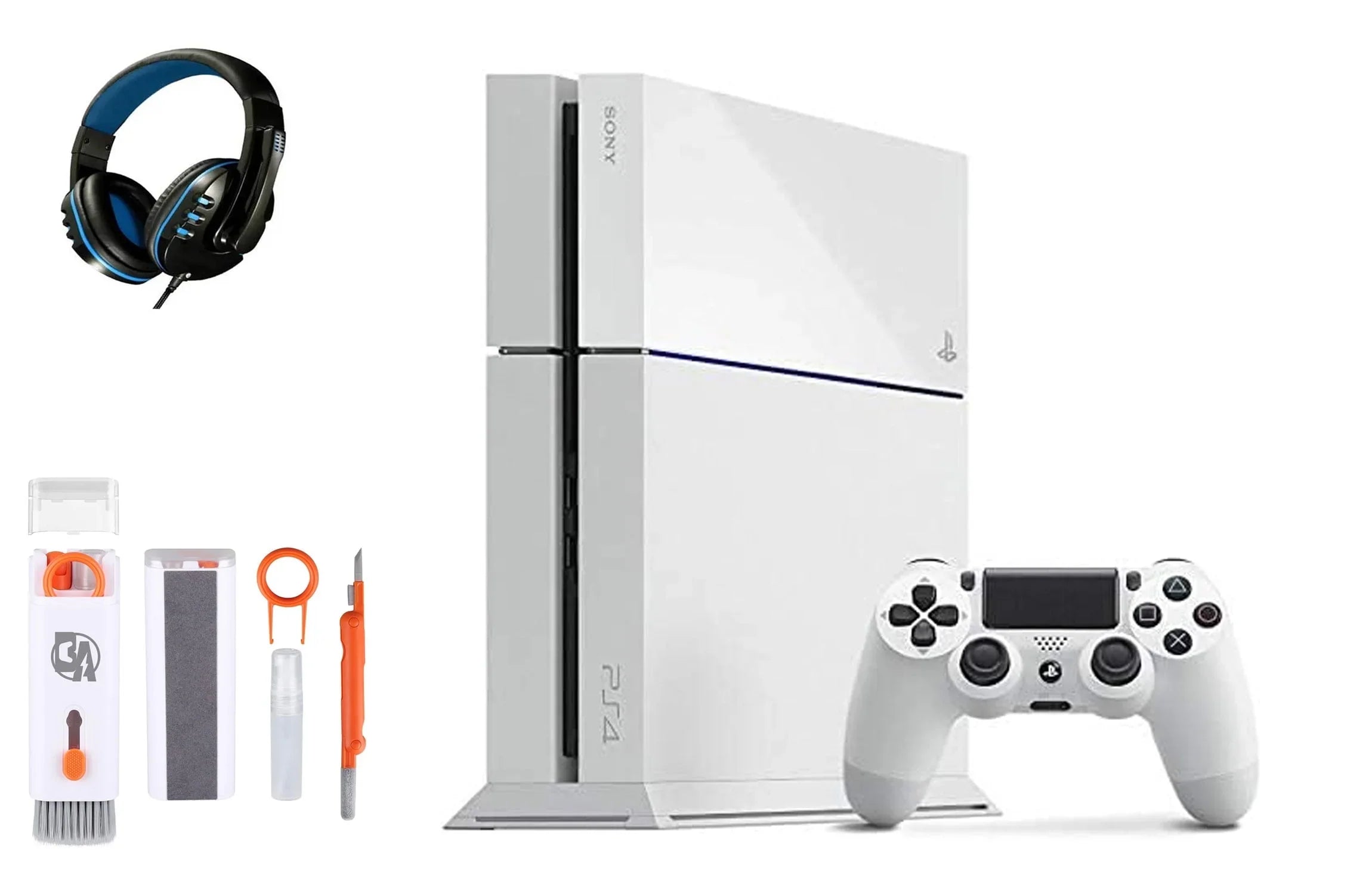 PlayStation 4 500GB Gaming Console White Headset with BOLT AXTION Cleaning Kit Bundle Like New