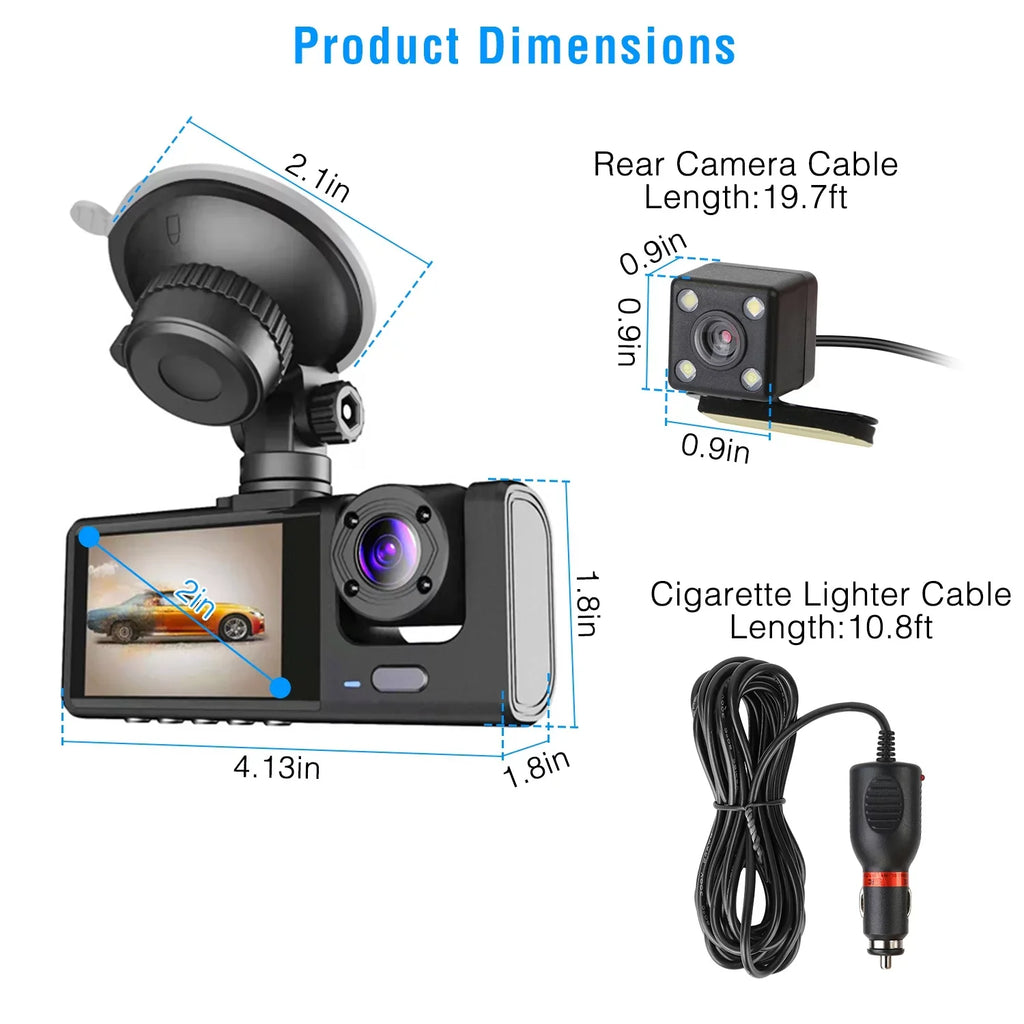 iMountek Dash Cam Front Rear and Inside 1080P Three Channels with IR Night Vision Car Camera, Monitor Driving Vehicle Recorder