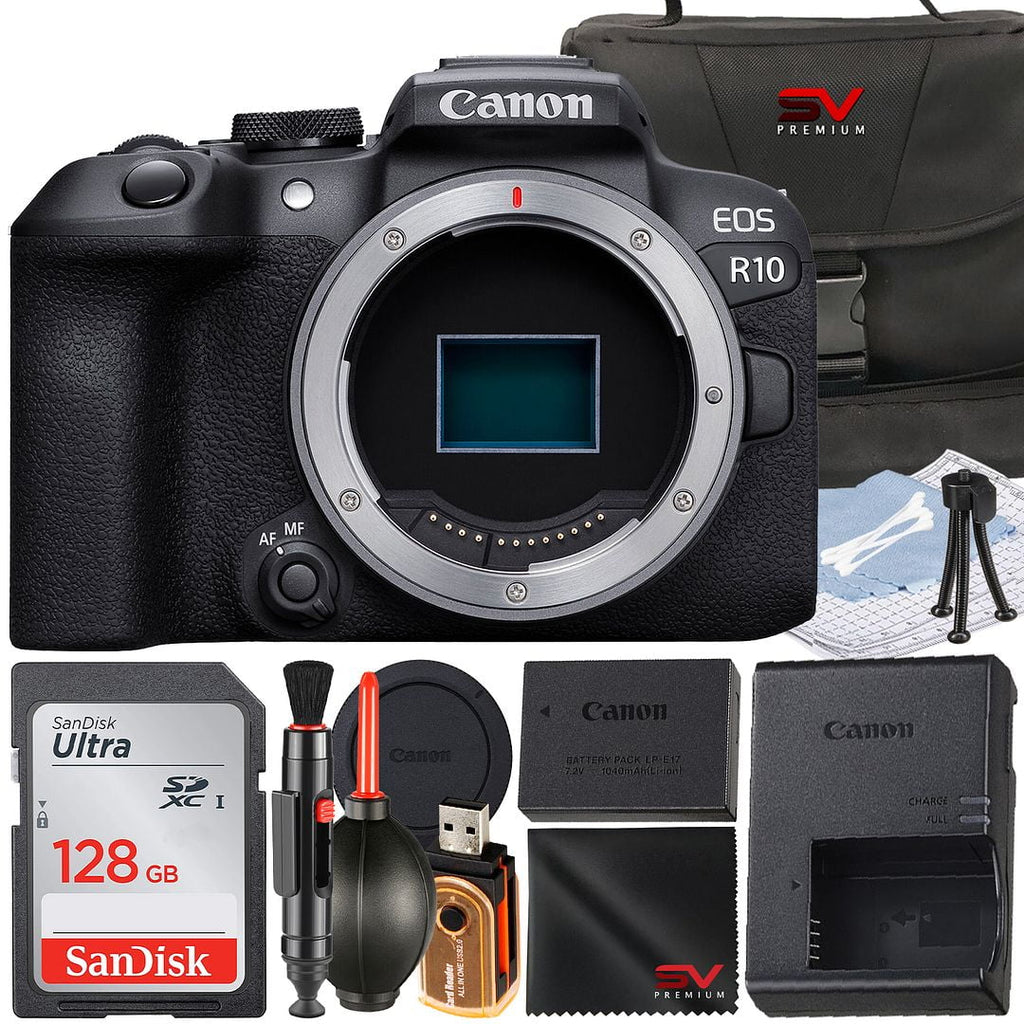 EOS R10 Mirrorless Camera (Body Only) with SanDisk 128GB Memory Card + Case + SV Premium Accessory Bundle