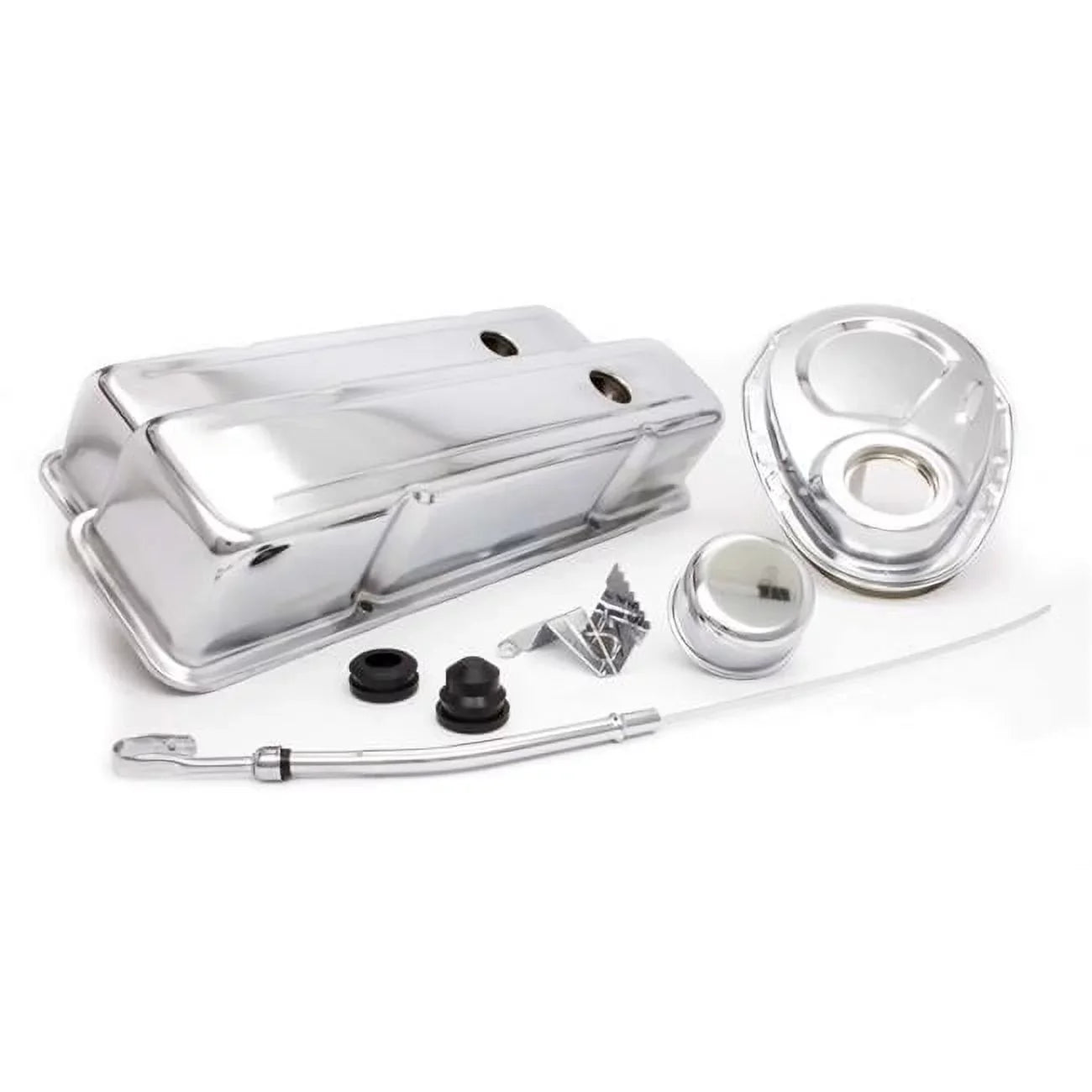 Racing Power  Tall Valve Covers-Breather-Dipstick-Grommets-Timing Cover-Timing Tab Engine Dress Up Kit Steel Chrome Small Block Chevy - Kit