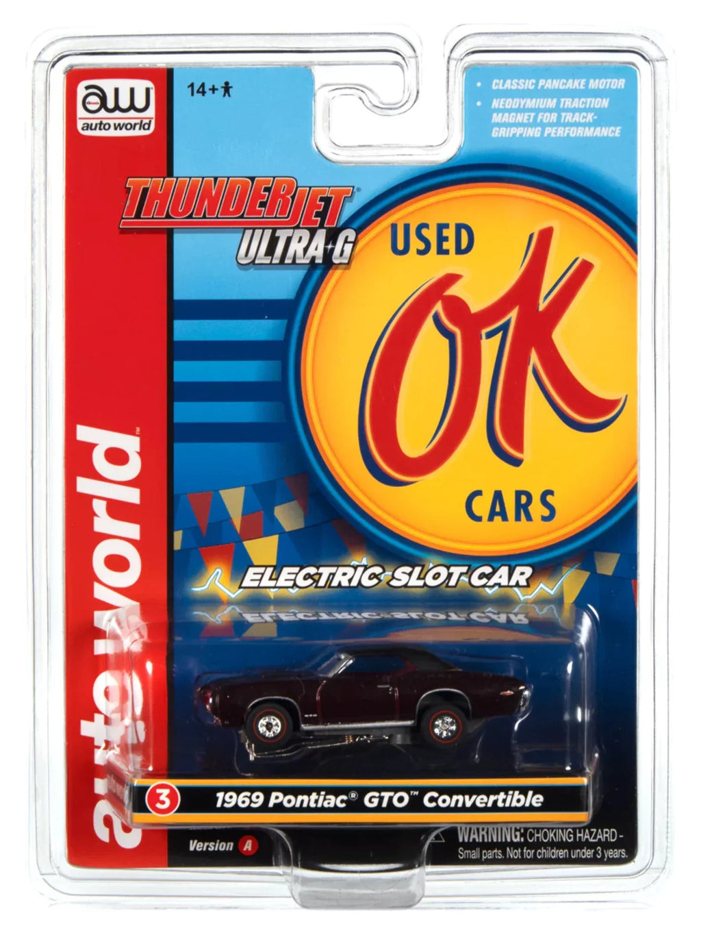 Auto World Thunderjet OK Used Cars 1969 Pontiac GTO Convertible (Burgundy) HO Scale Slot Car