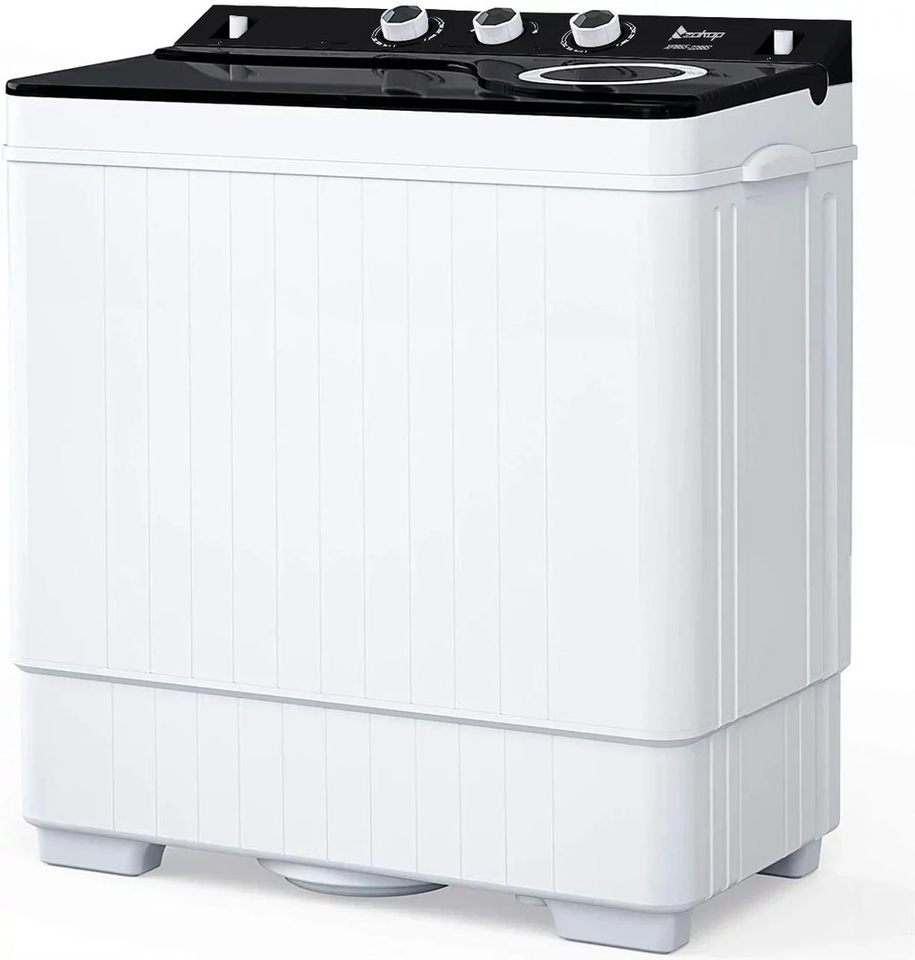 BMTBUY Twin Tub with Built-in Drain Pump XPB65-2288S 26Lbs Semi-automatic Twin Tube Washing Machine for Apartment, Dorms, RVs, Camping and More, White&Black