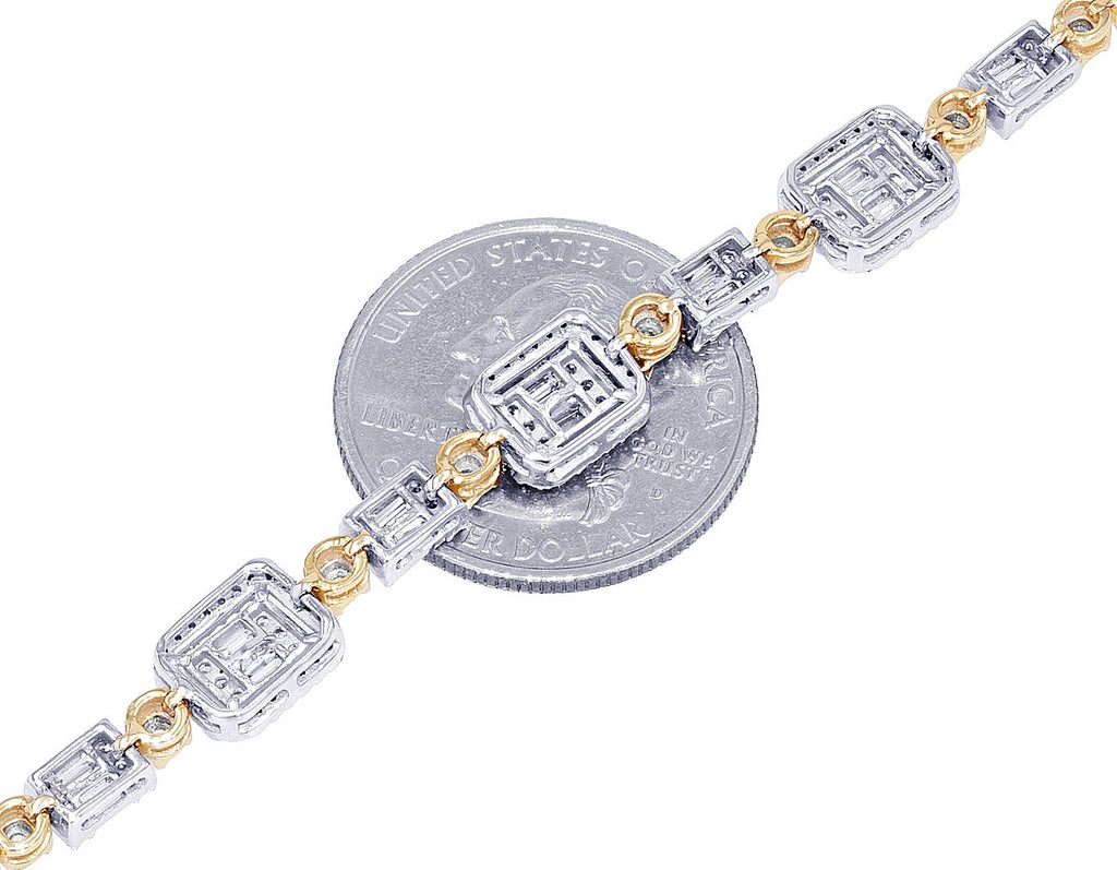 Baguette Cluster Halo 1.30 CT Diamond Illusion n Toni Set Bracelet Yellow-White Gold 3MM 7"