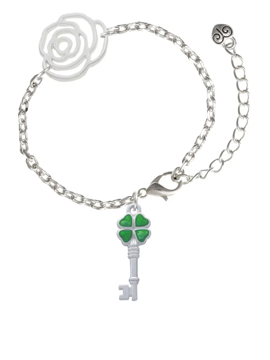 Delight Jewelry Silvertone Translucent Green Lucky Four Leaf Clover Key Silver-tone Flower Link Chain Bracelet, 6.75"+2" Extender