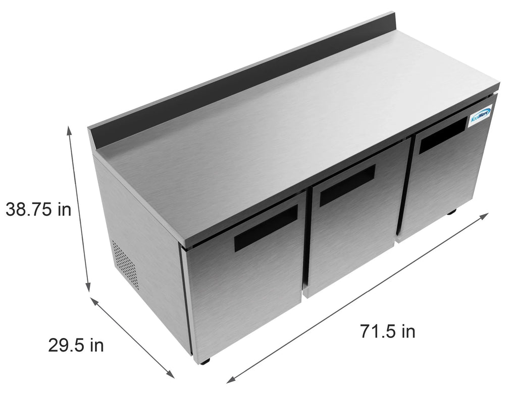 KoolMore 72 in. Commercial Three Door Worktop Refrigerator in Stainless Steel, 16.9 Cu. ft.