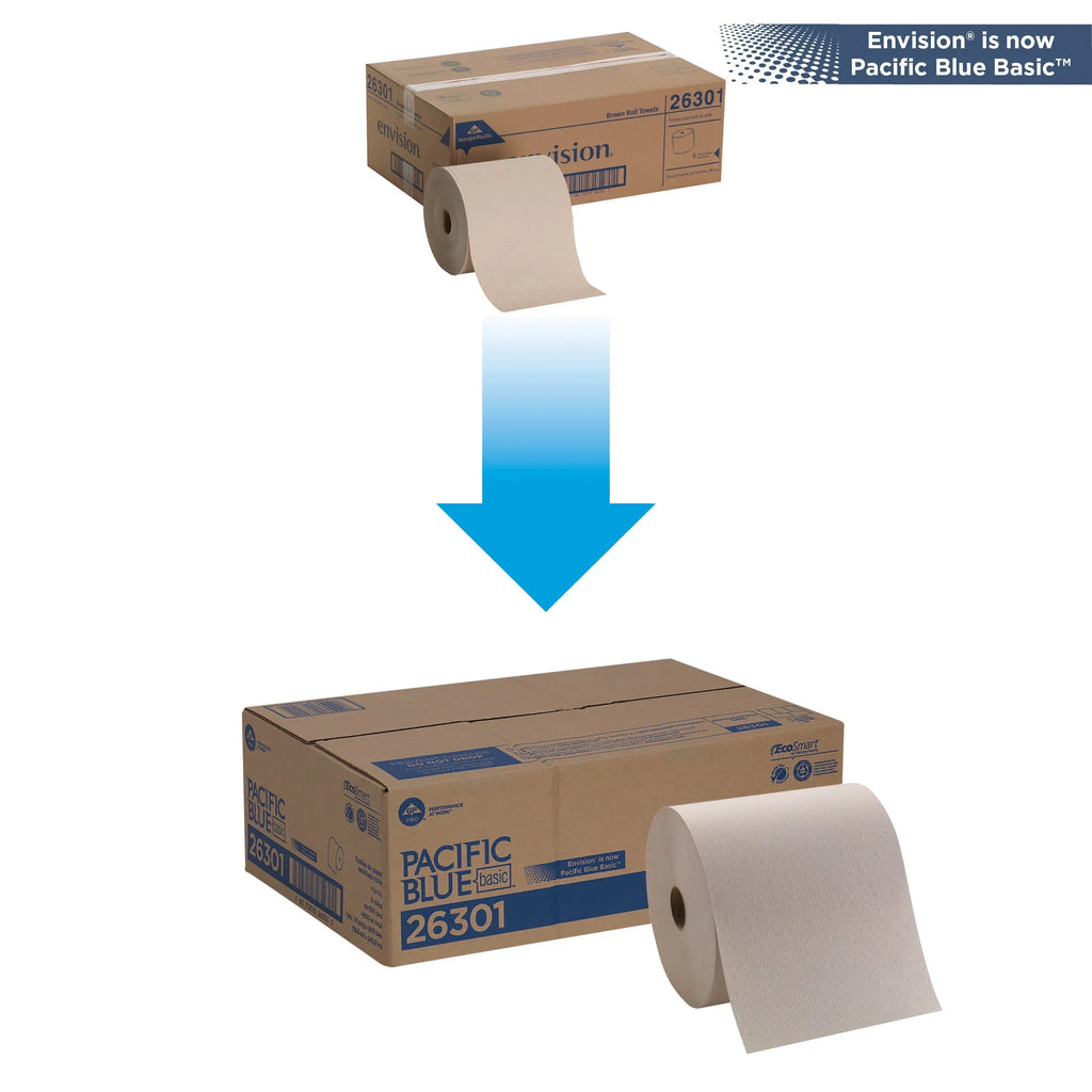 Pacific Blue Basic™ Recycled Hardwound Paper Towel Rolls, 26301, Brown, 6 Count (800 Feet/Roll)