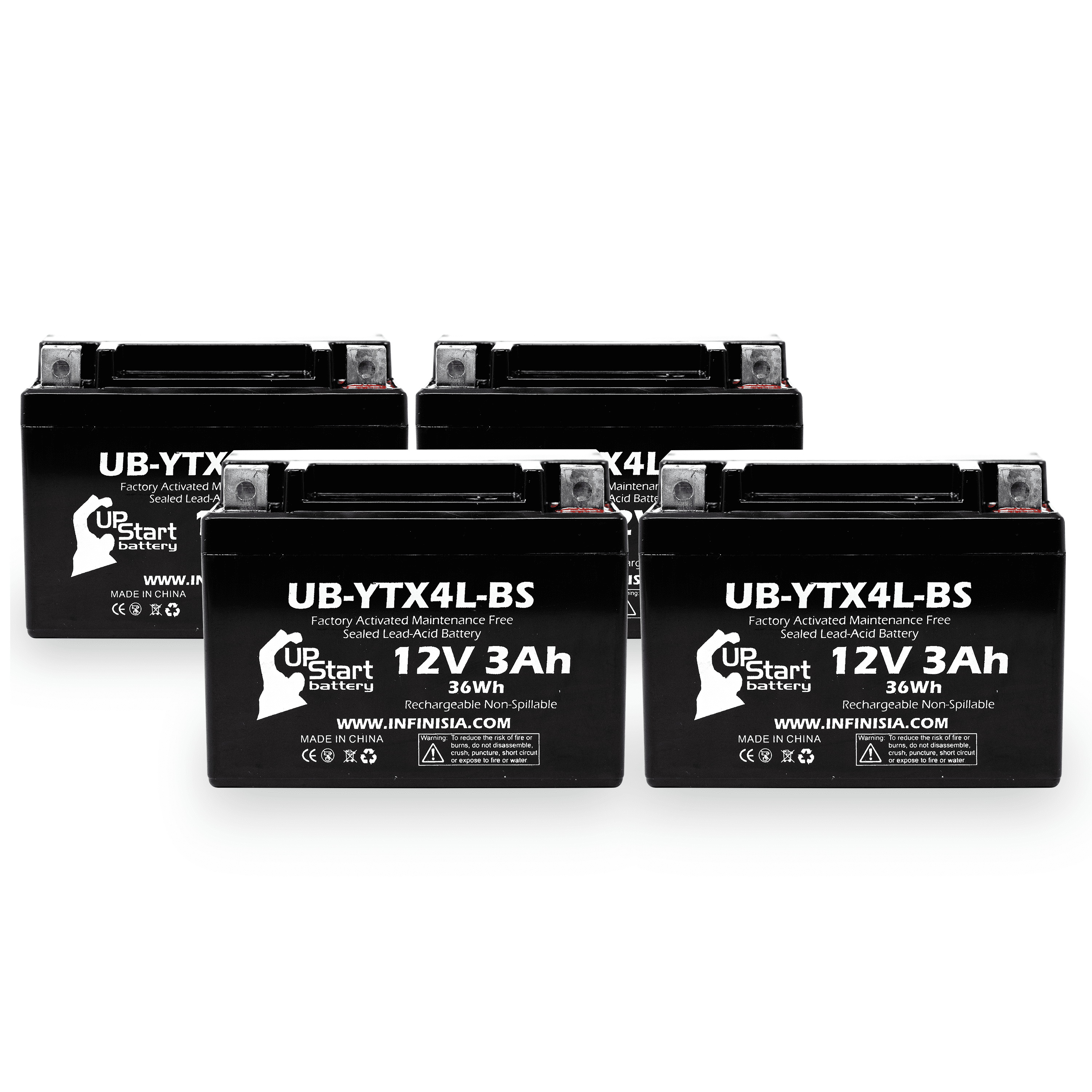4-Pack UpStart Battery Replacement for 2004 Bombardier (Can-Am) DS90, DS90F, Quest 90CC Factory Activated, Maintenance Free, ATV Battery - 12V, 3Ah, UB-YTX4L-BS