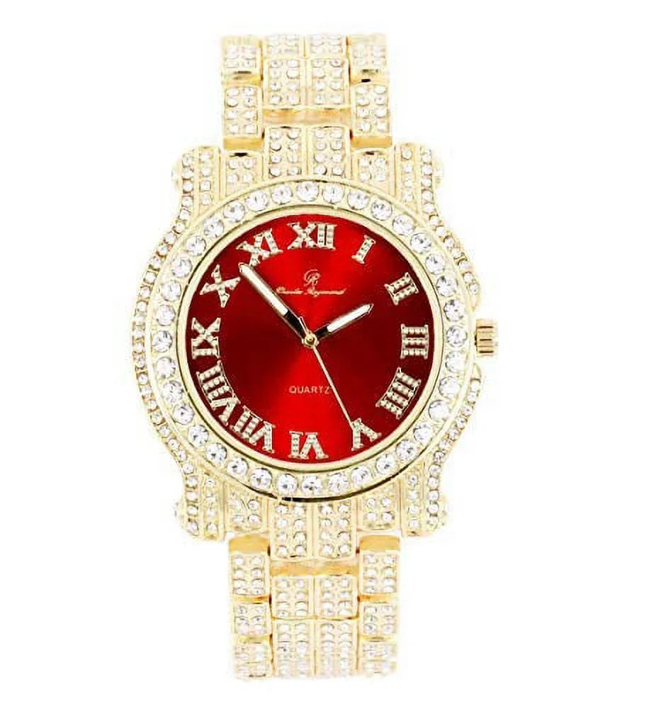 Bling-ed Out Gold Round Luxury Mens Watch w/Bling-ed Out ZZ Link Design Bracelet - L0504RNB ZZ Gold Blood Red