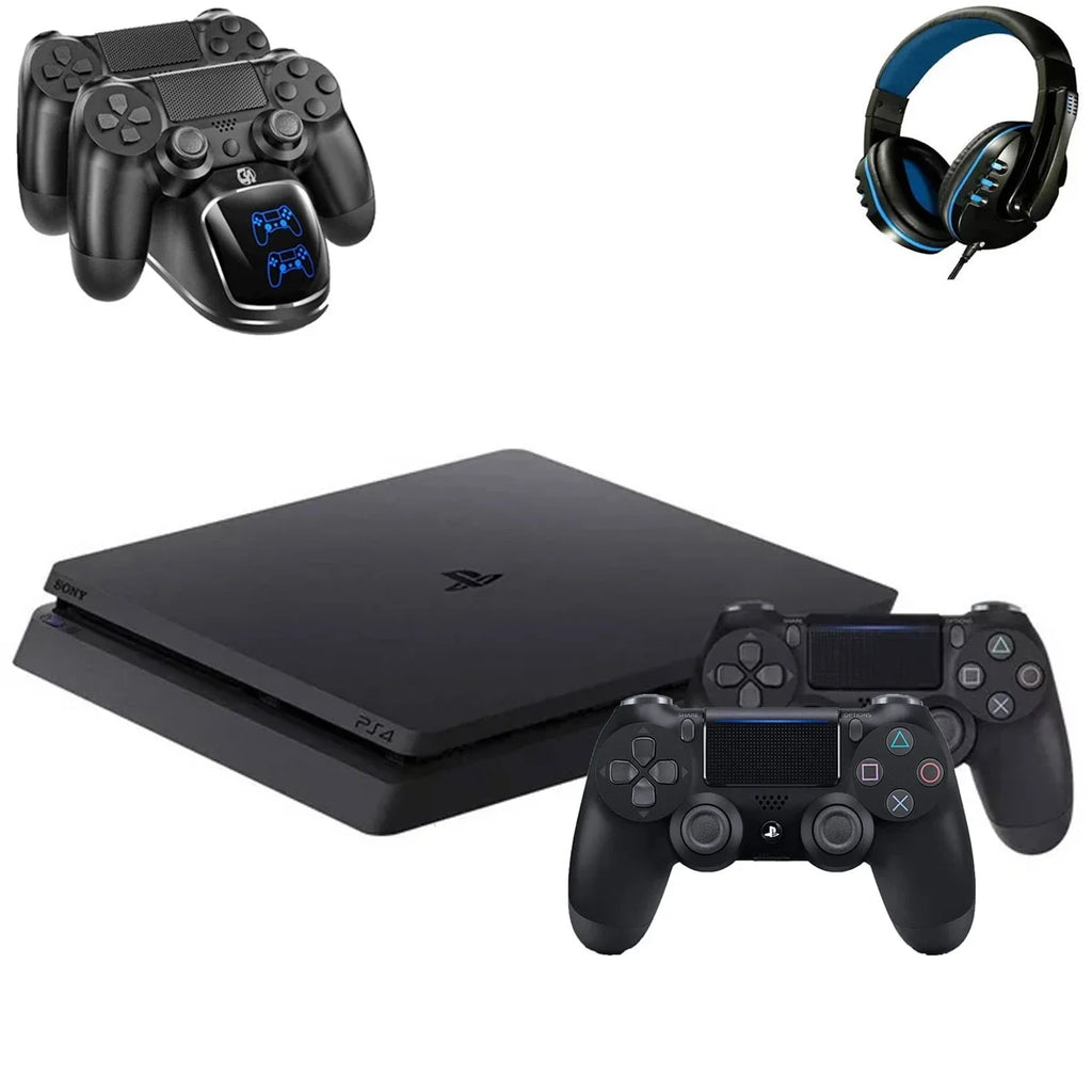 2215A PlayStation 4 Slim 500GB Gaming Console Black with Charging Dock Headset 2 Controller Bolt Axtion Like New